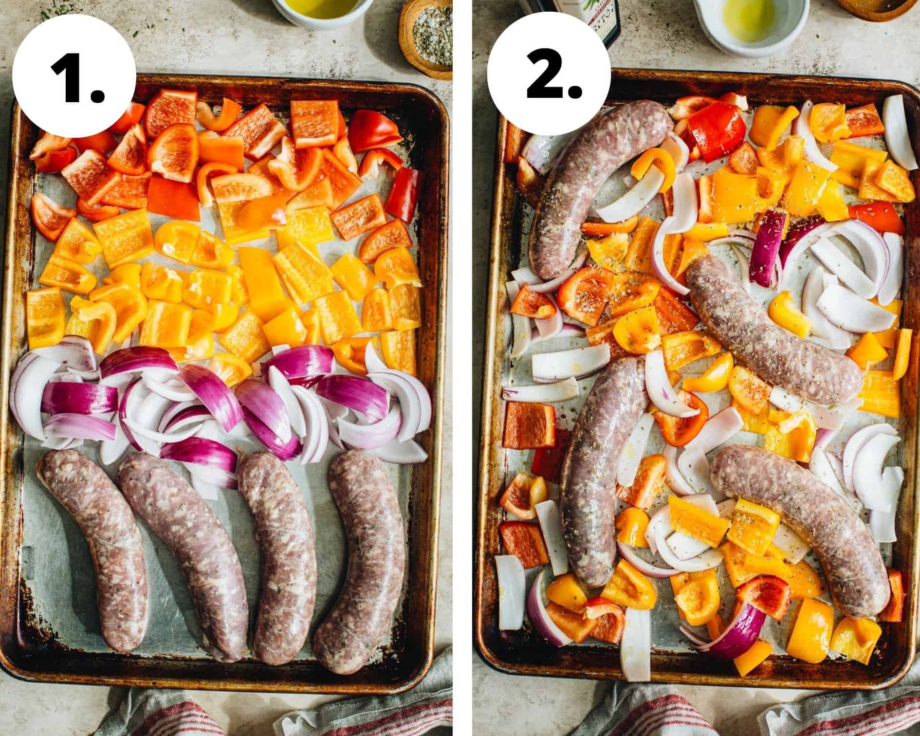 Sausage and peppers in the oven process steps 1 and 2.
