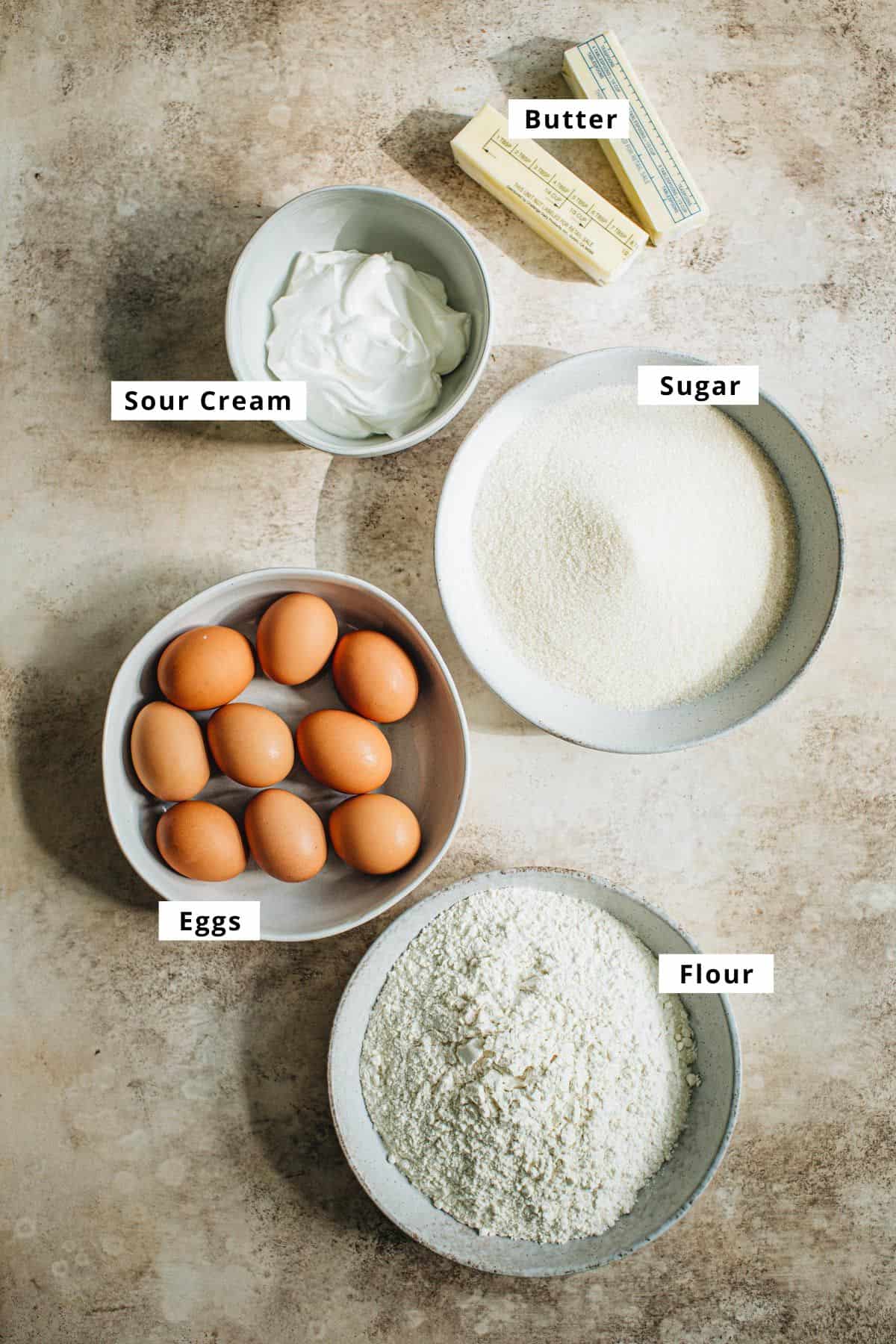 Sour cream pound cake ingredients.
