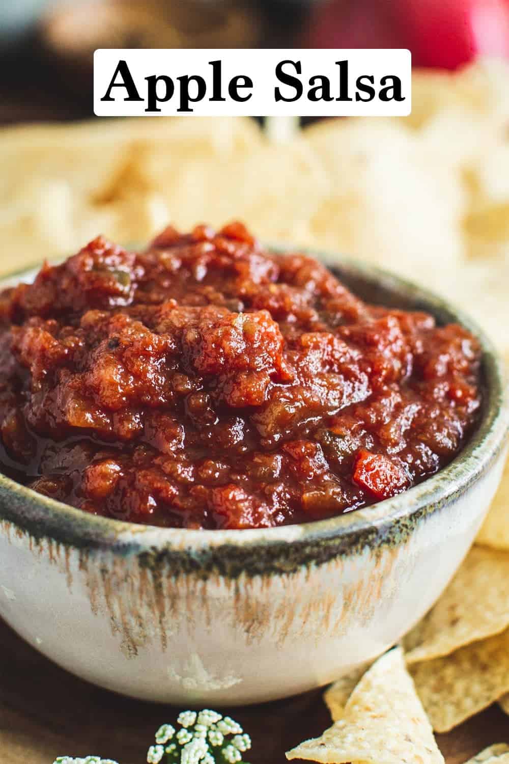 Apple salsa in a bowl with tortilla chips around it.