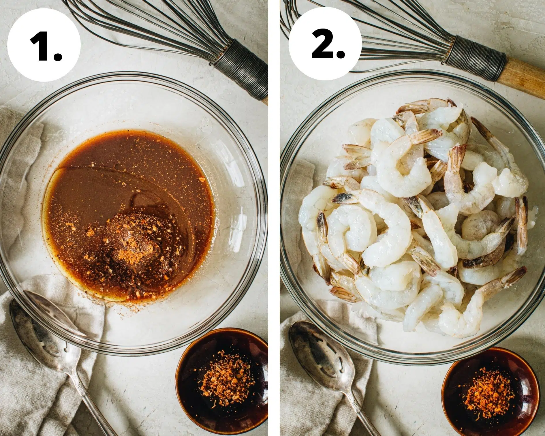 Cajun shrimp process steps 1 and 2.