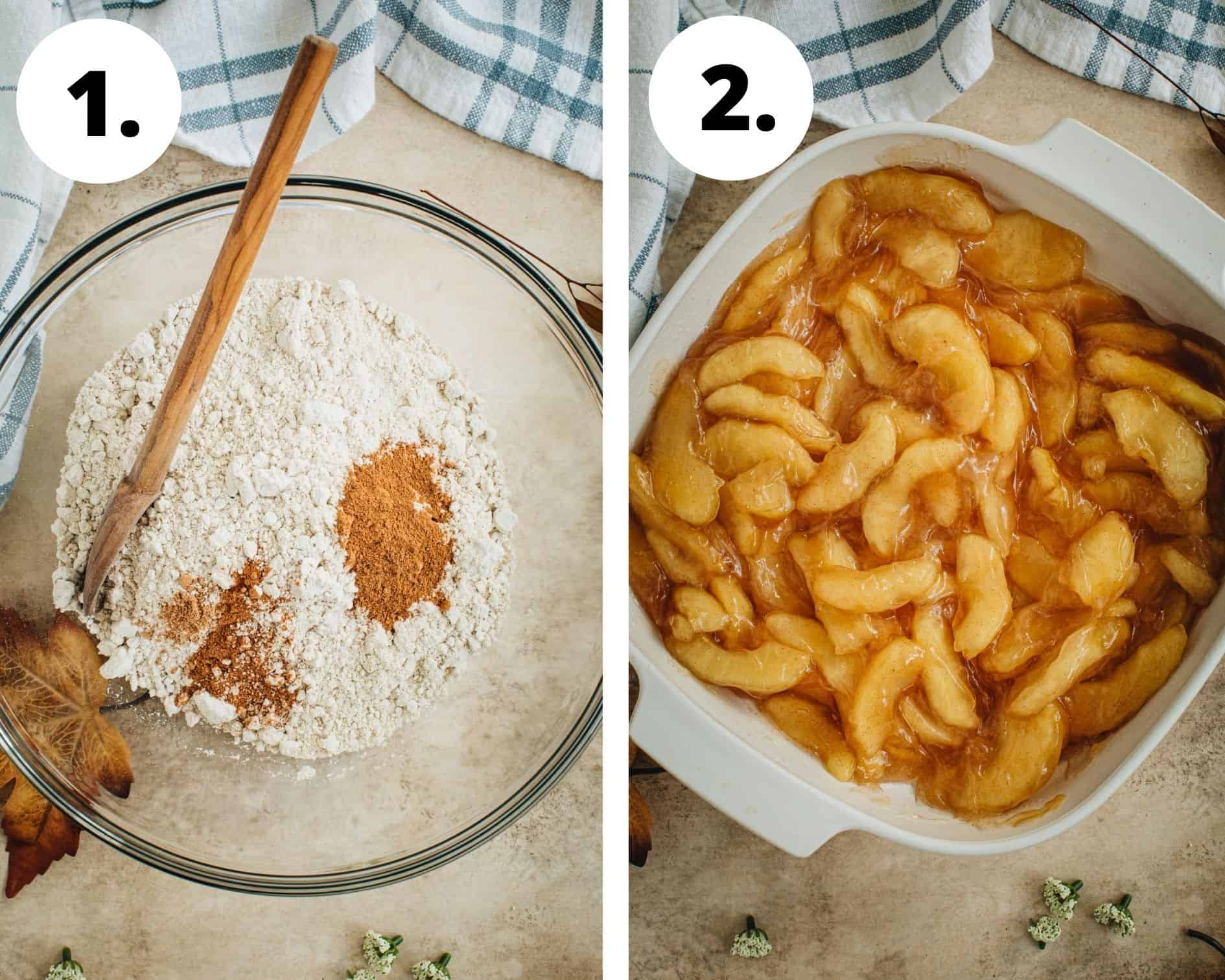 Caramel apple dump cake process steps 1 and 2.