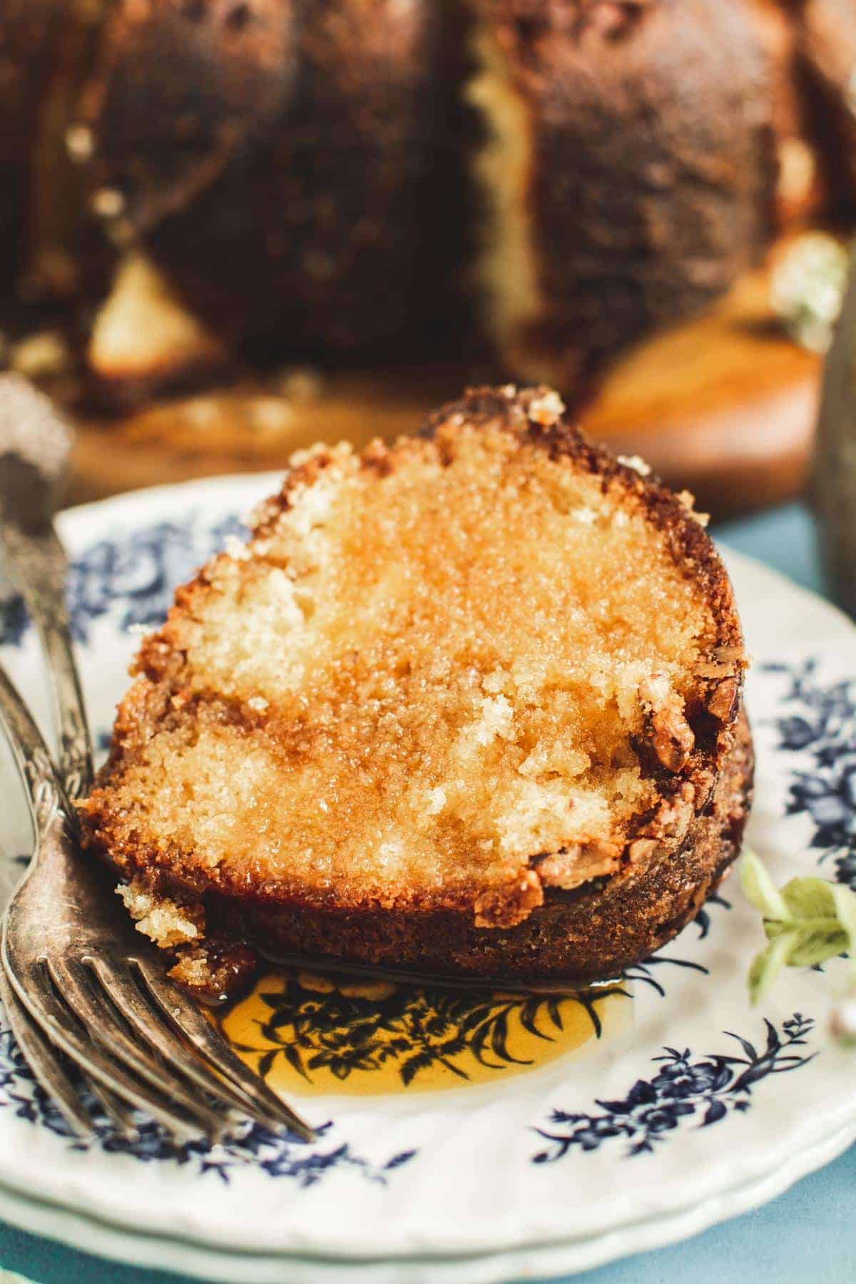 Caribbean rum cake slice drizzled in rum syrup.