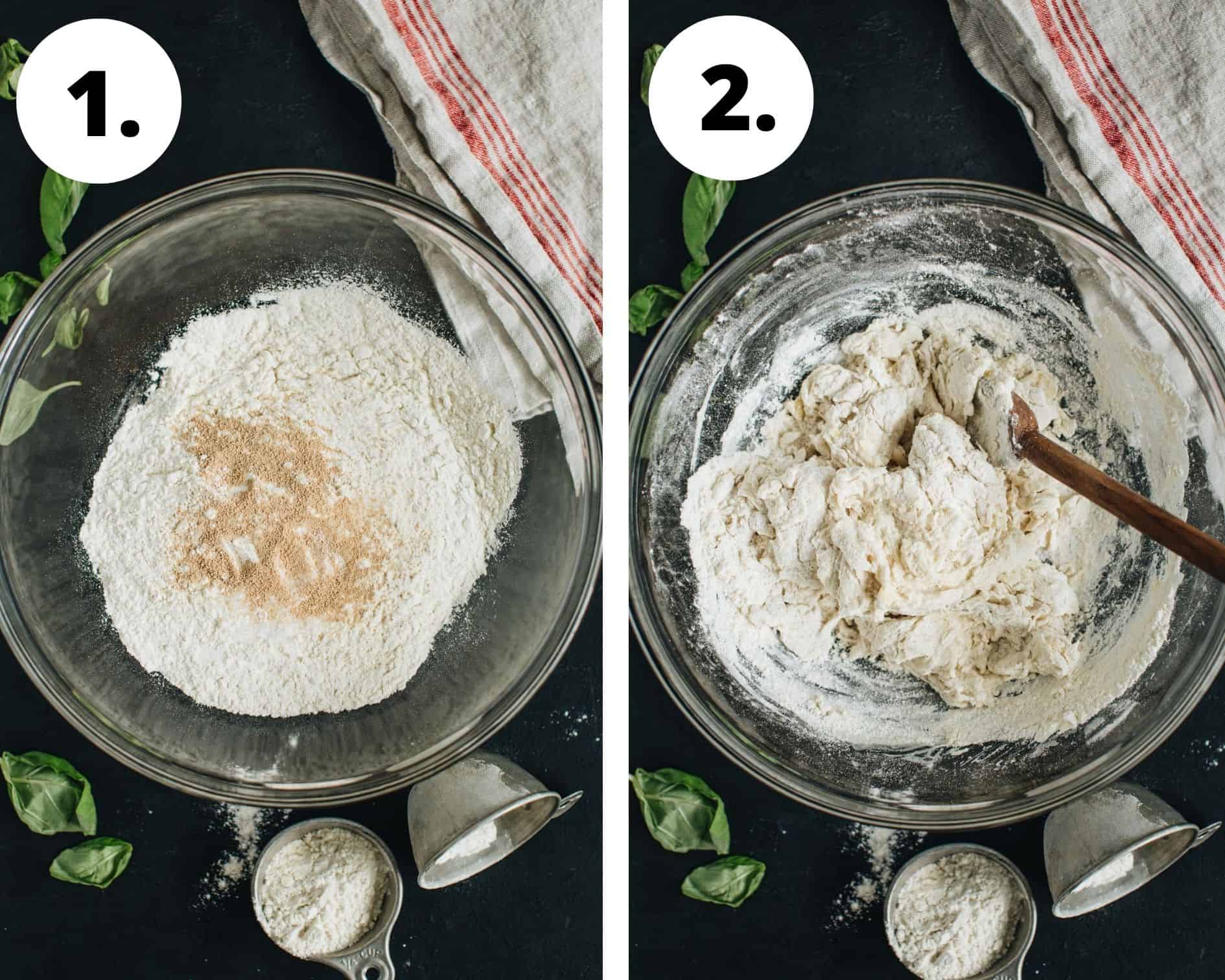 Skillet pizza recipe process steps 1 and 2.