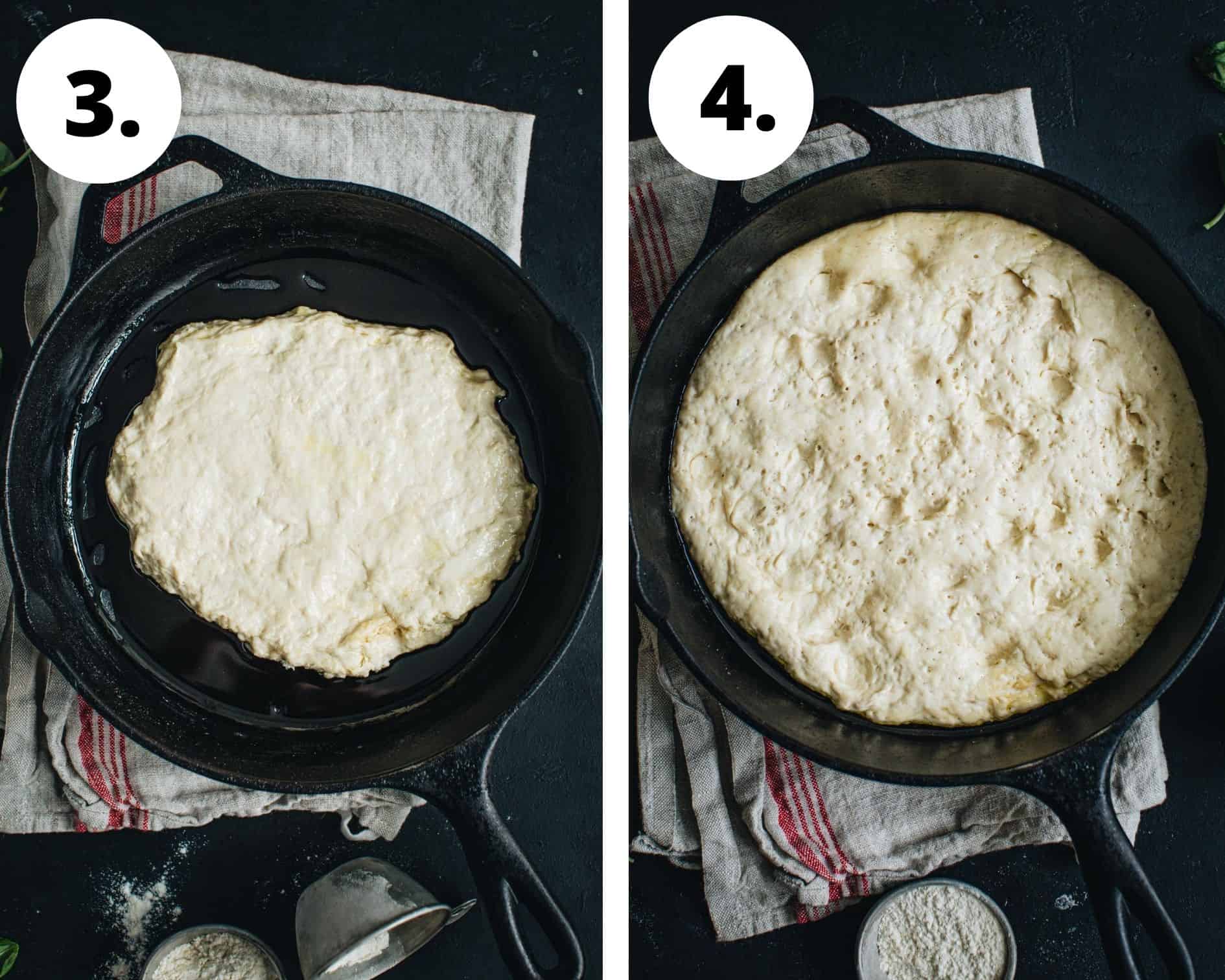 Cast iron skillet pizza process steps 3 and 4.