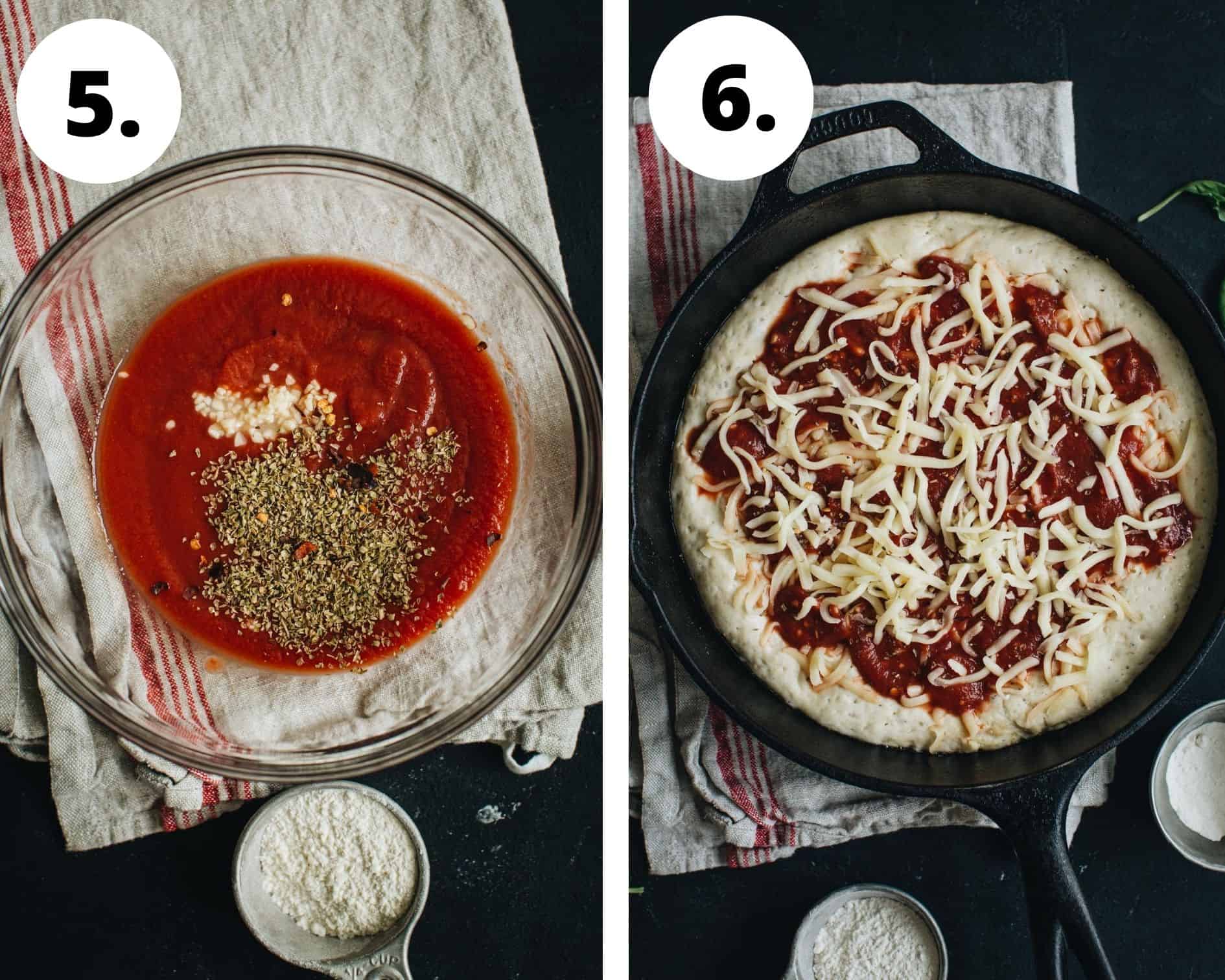 Cast iron skillet pizza process steps 5 and 6.