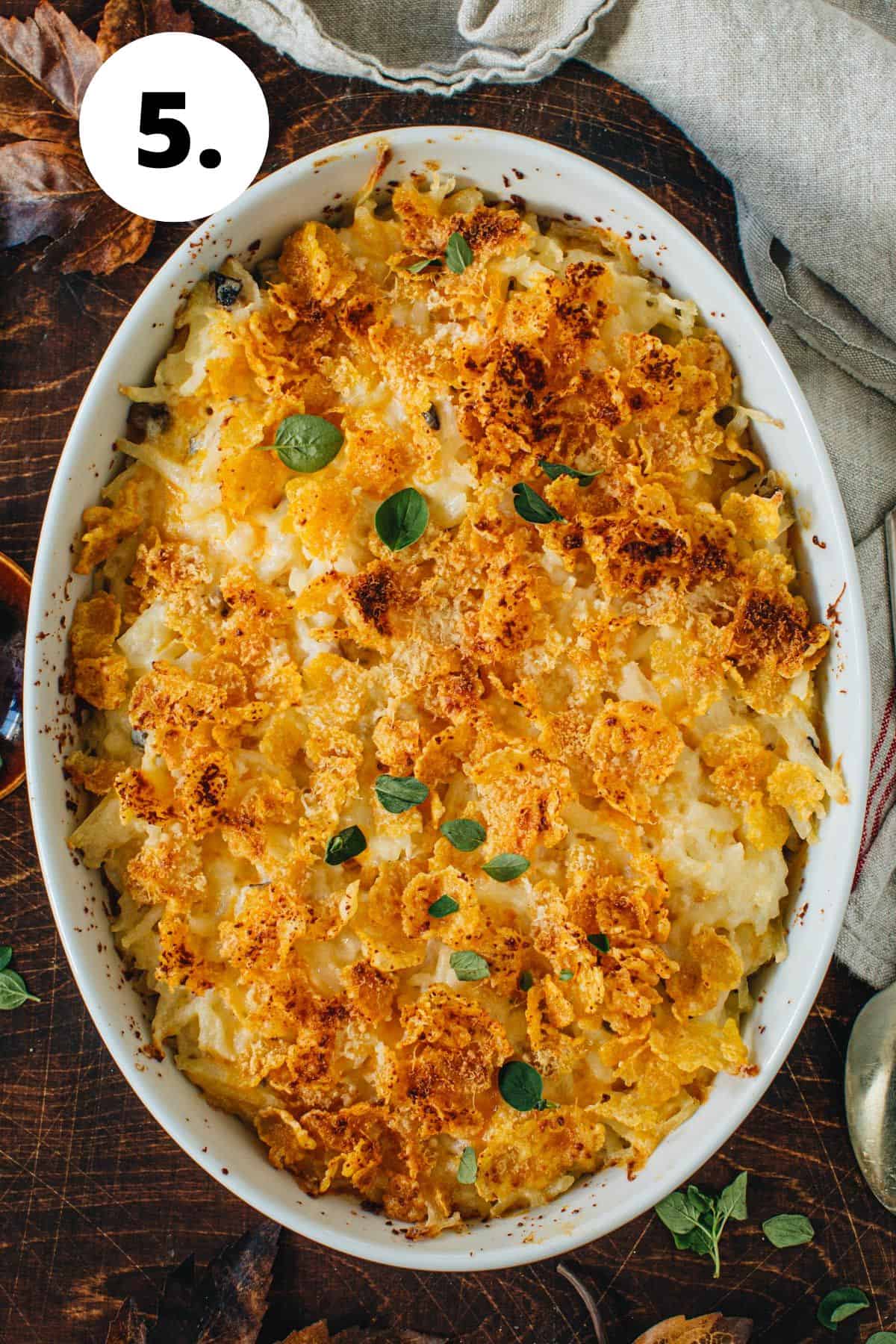 Cheesy hashbrown casserole process step 5.