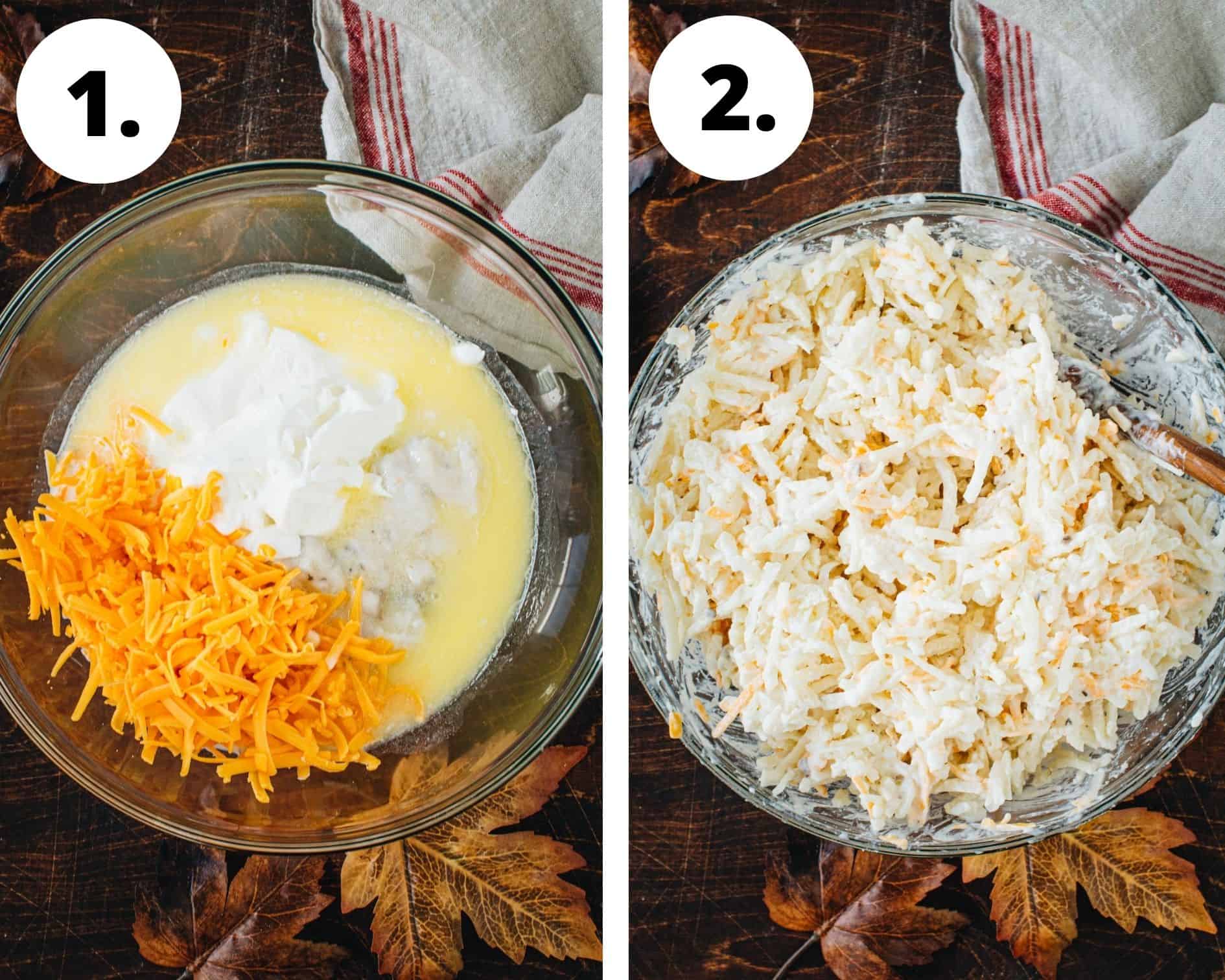 Cheesy hashbrown casserole process steps 1 and 2.