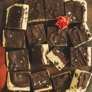 Chocolate chip cookie dough bars cut into squares.