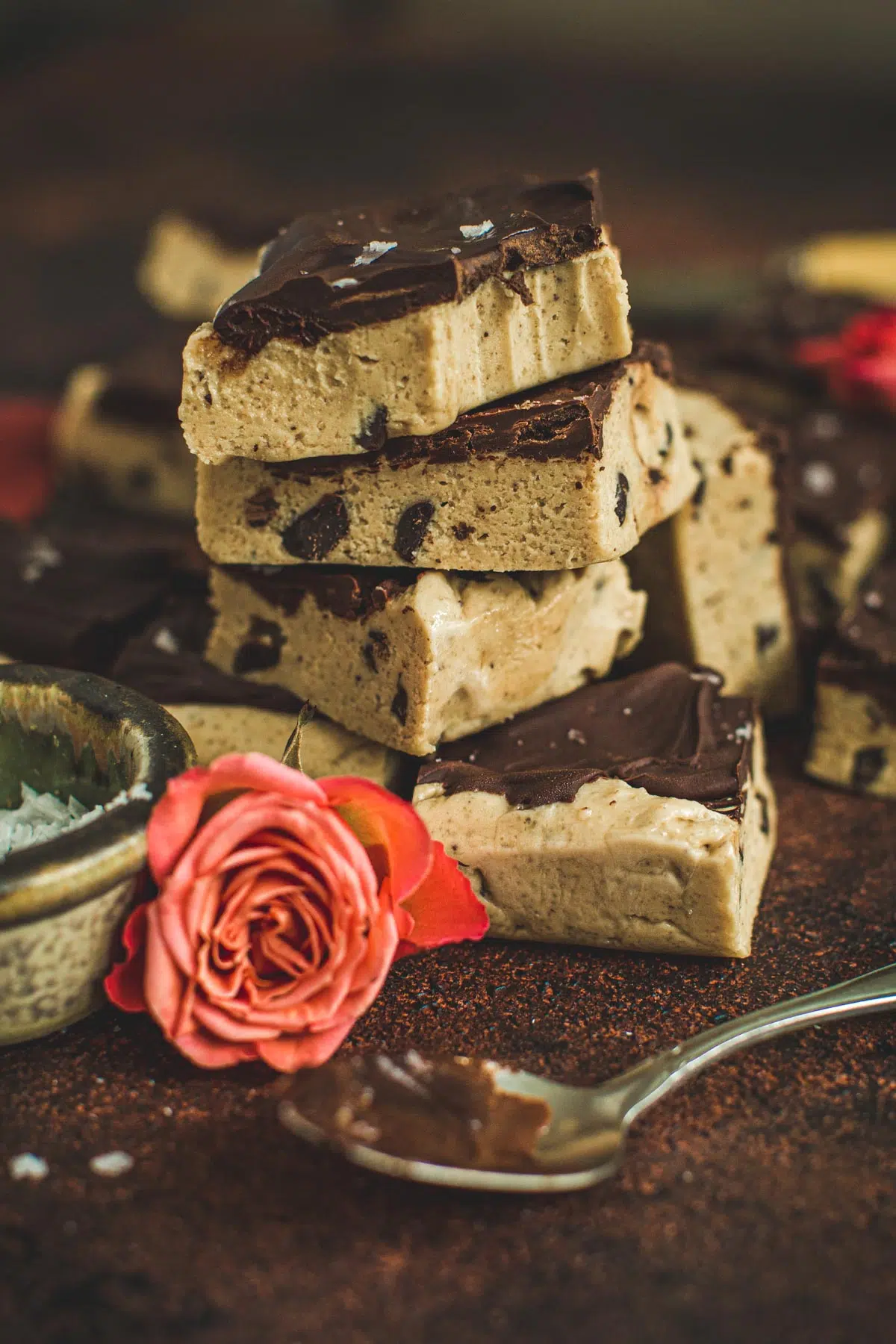 Stack of chocolate chip cookie dough bars.