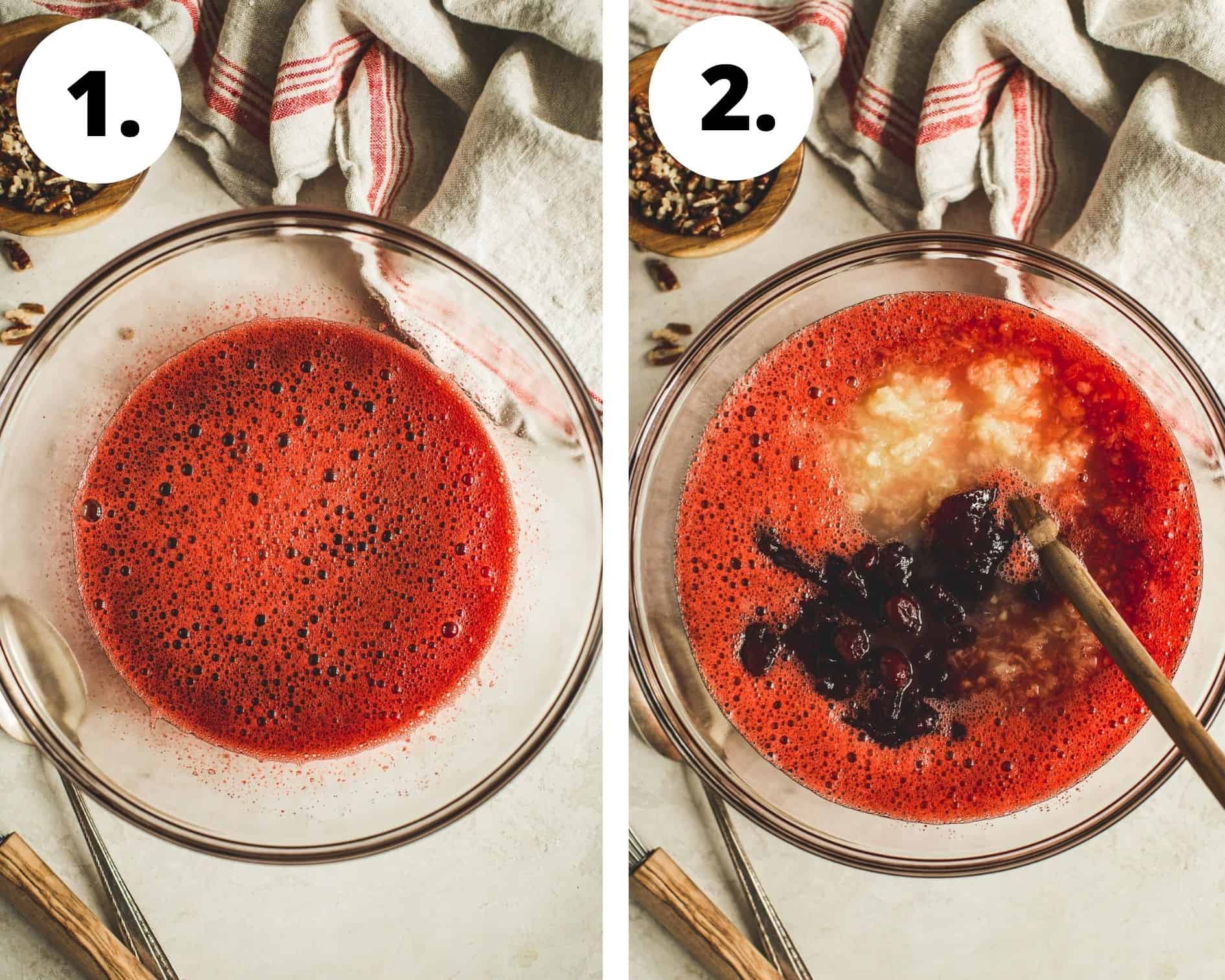 Cranberry gelatin salad process steps 1 and 2.