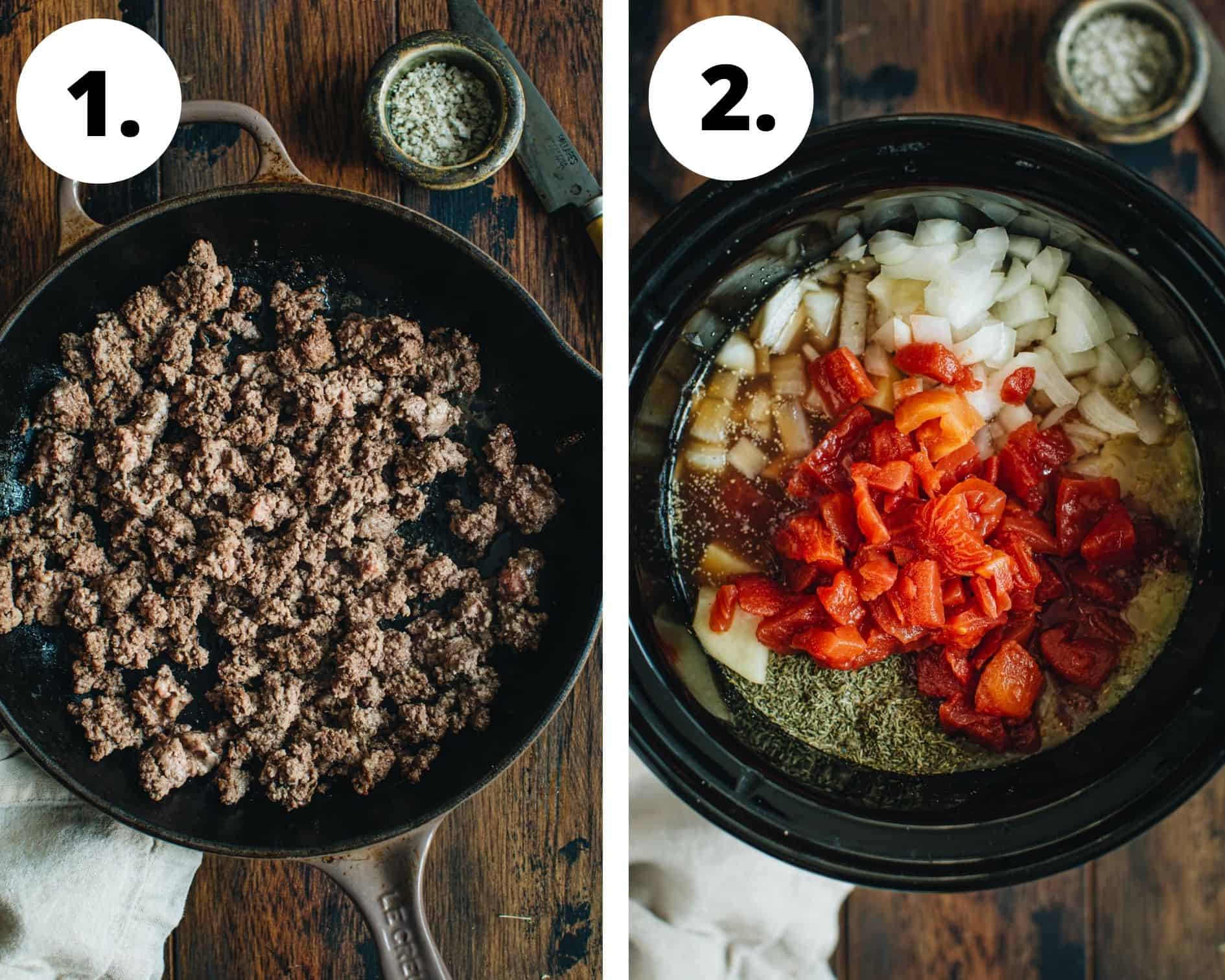 Crockpot cheeseburger soup process steps 1 and 2.