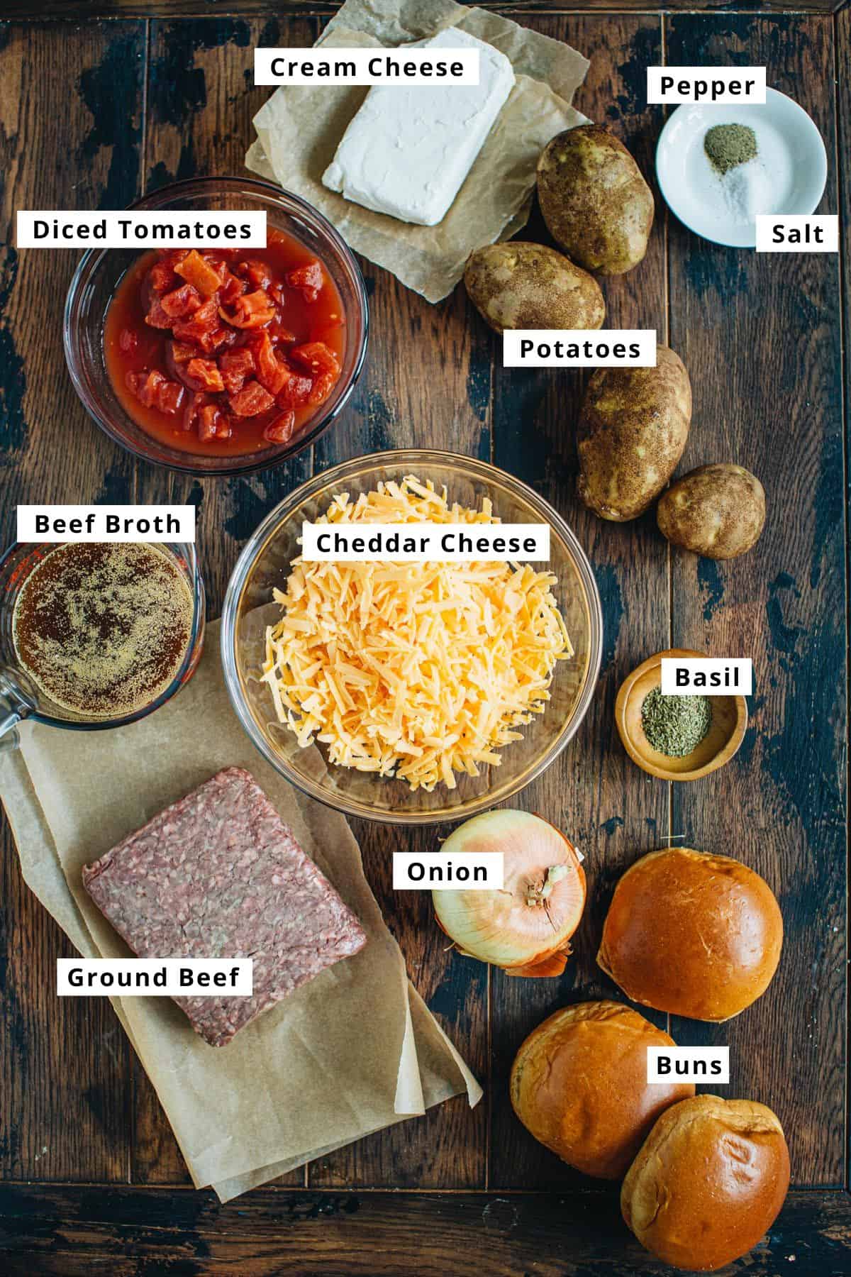 Crockpot cheeseburger soup ingredients.