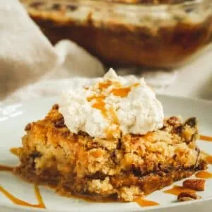 Pumpkin pie dump cake on a white plate.