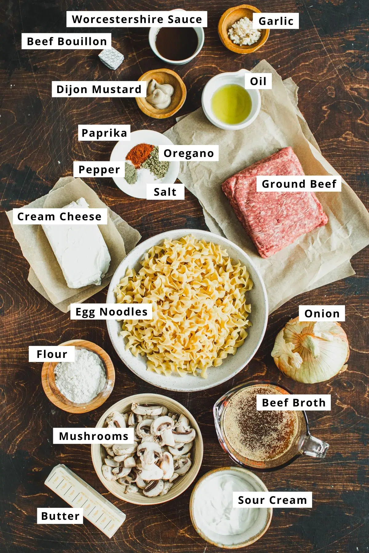 Ground beef stroganoff ingredients in various bowls.