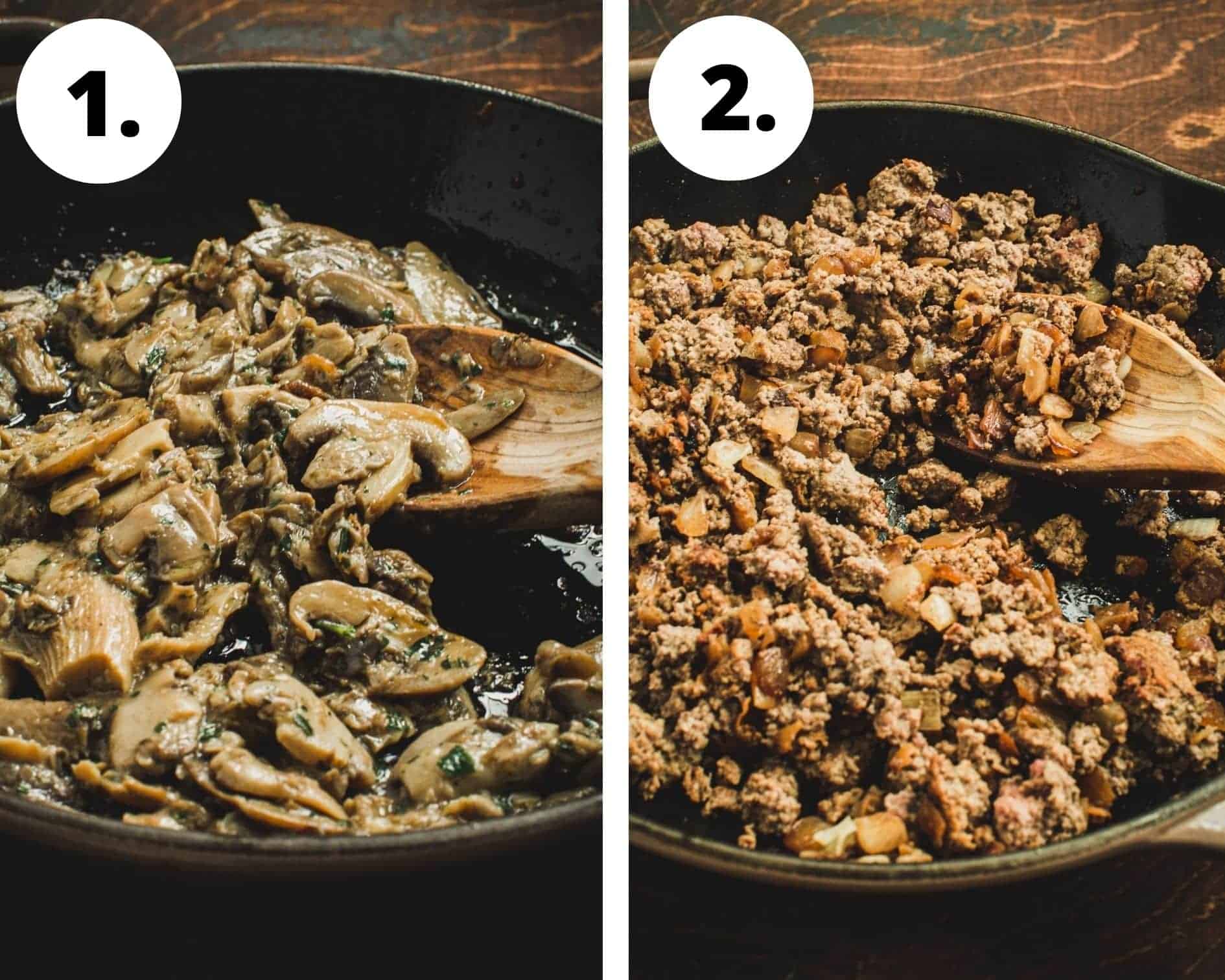 Ground beef stroganoff process step 1 and 2.