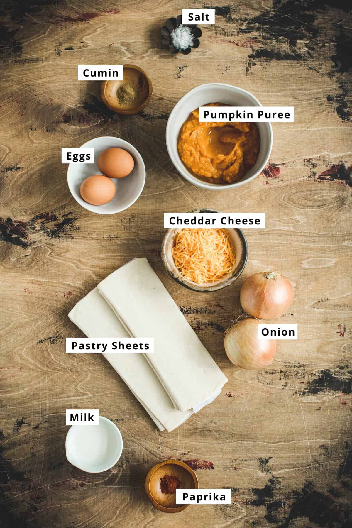 Harry Potter pumpkin pasties ingredients on a wooden table.
