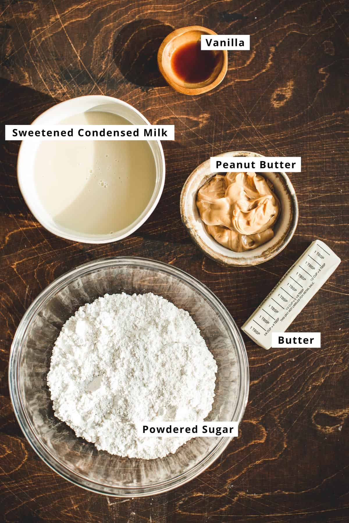 Homemade peanut butter fudge ingredients.