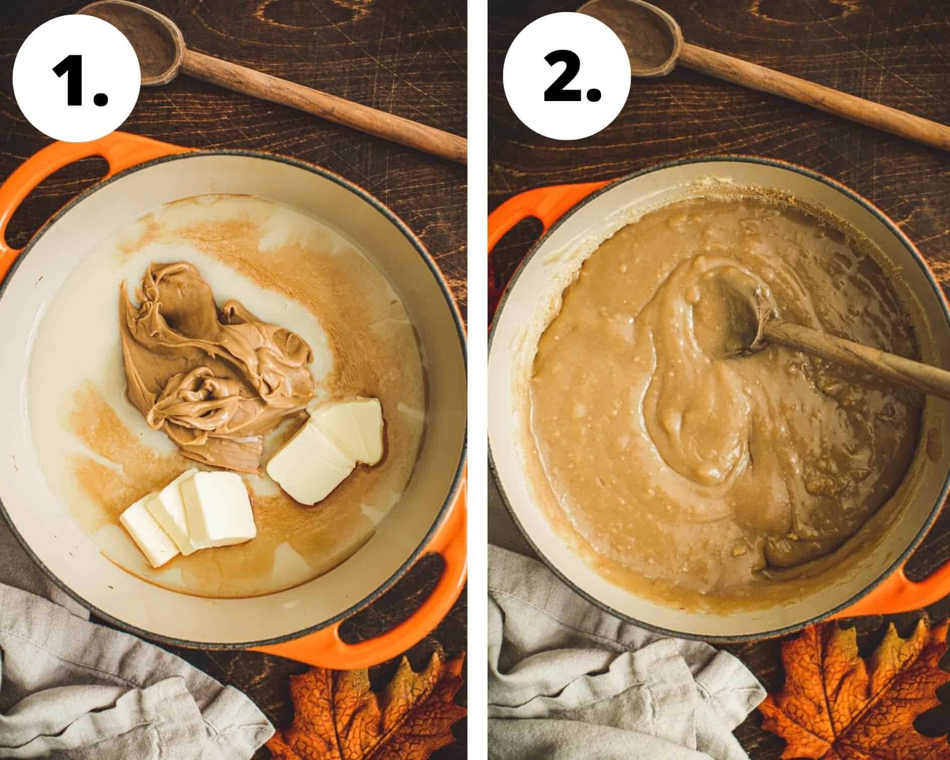 Homemade peanut butter fudge process steps 1 and 2.