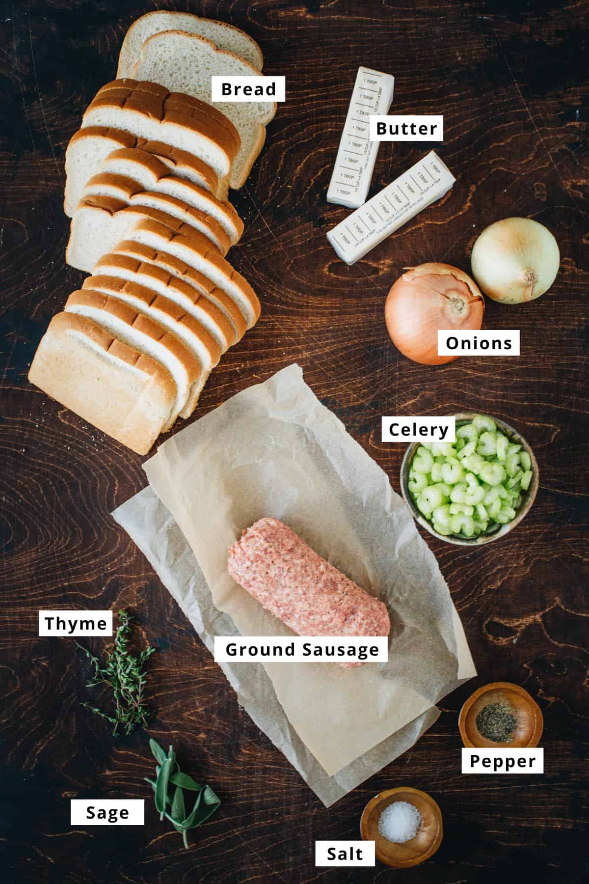 Homemade stove top stuffing ingredients on a wooden table.