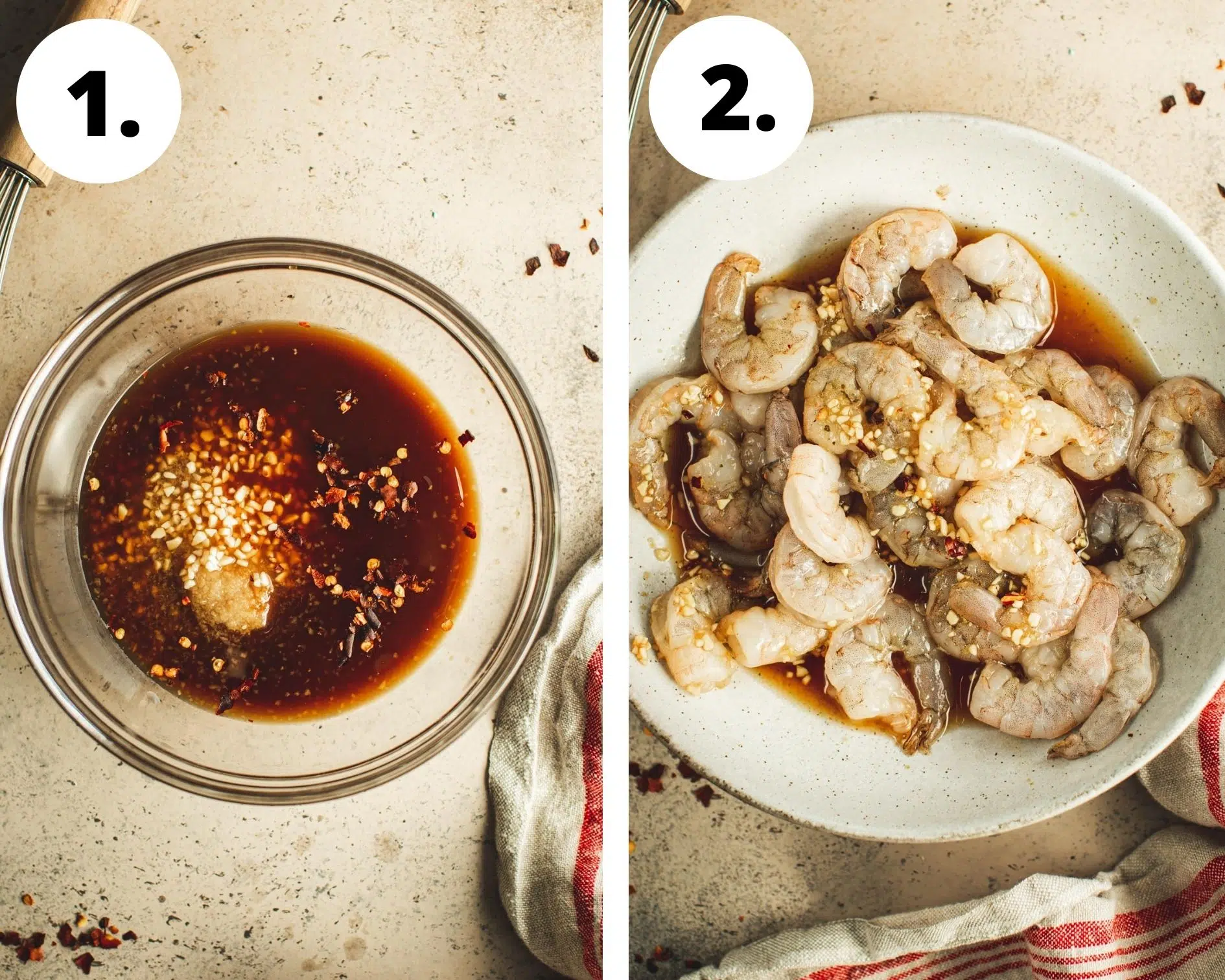 Honey garlic shrimp process steps 1 and 2.