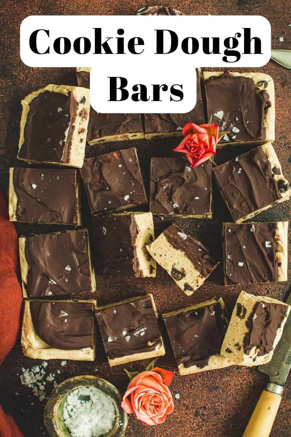 No bake cookie dough bars cut into squares.