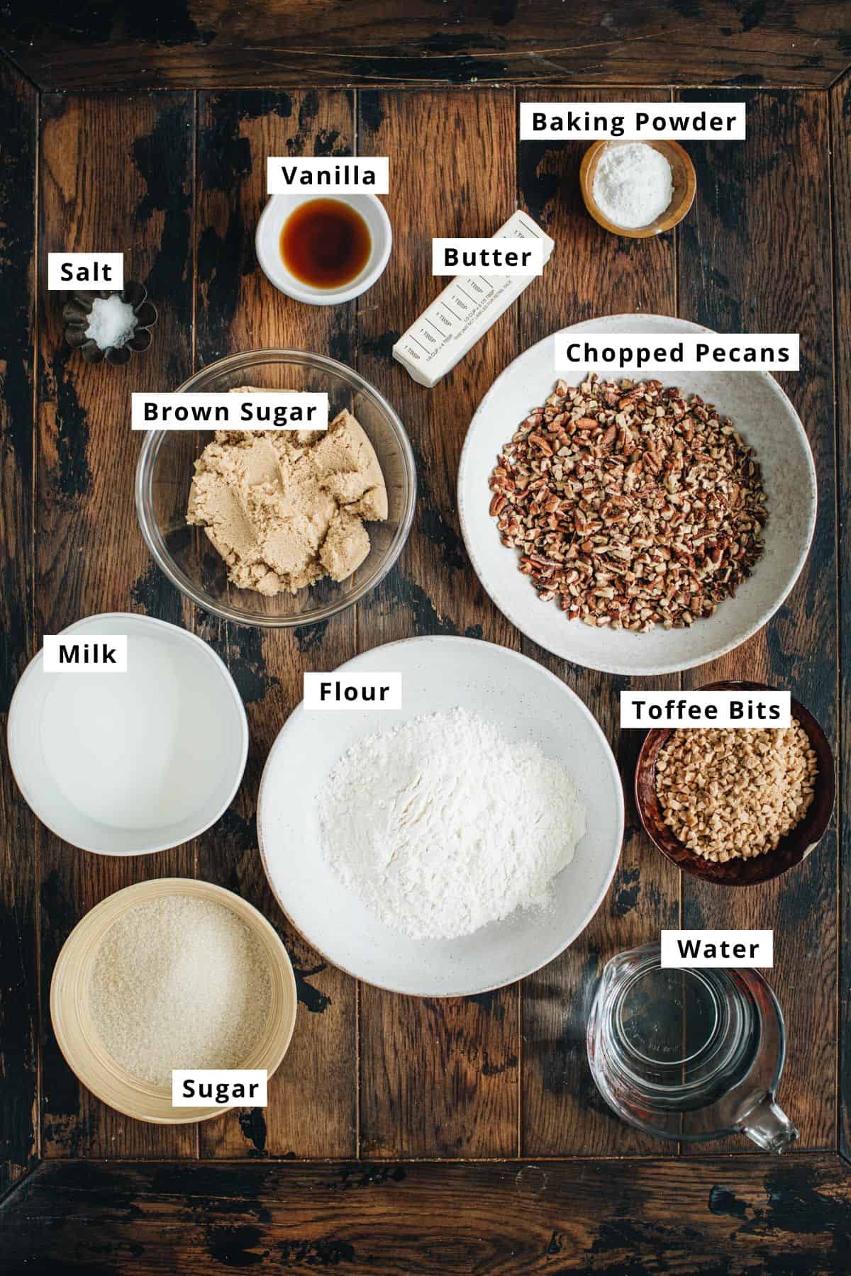 Easy pecan pie cobbler ingredients in various bowls.