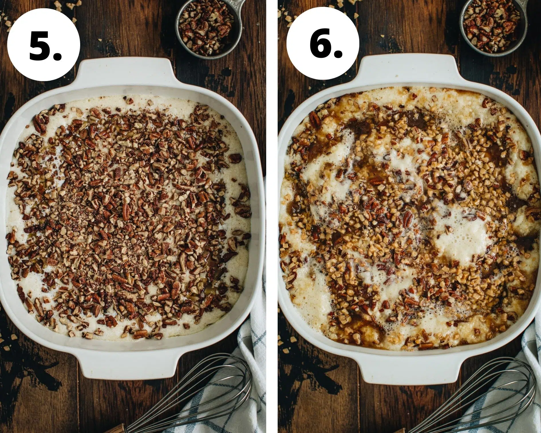 Pecan pie casserole process steps 5 and 6.