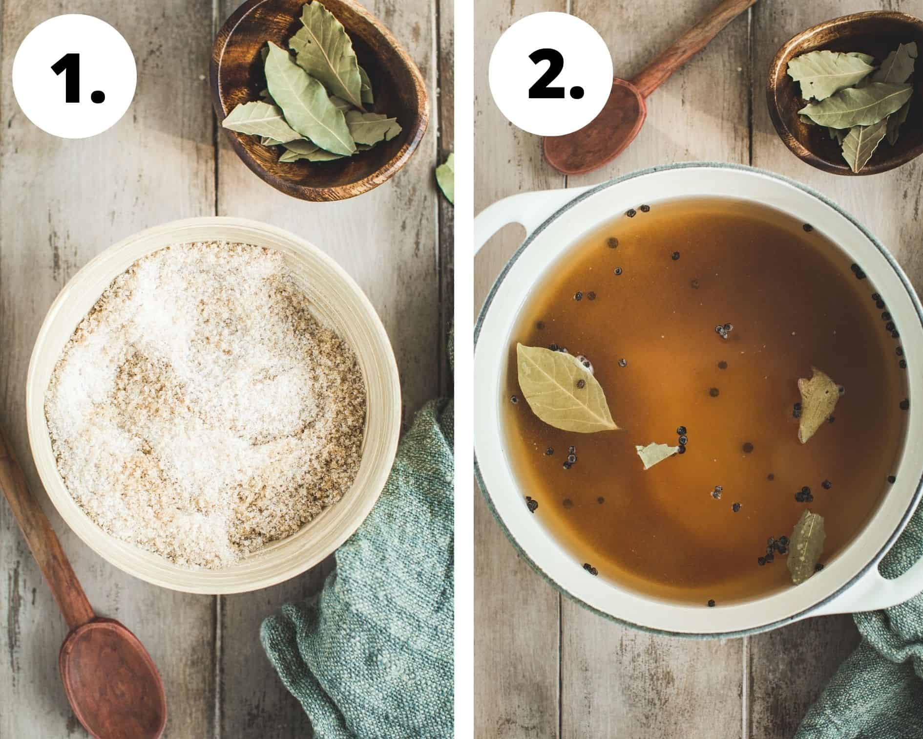 Simple brine for pork chops process steps 1 and 2.