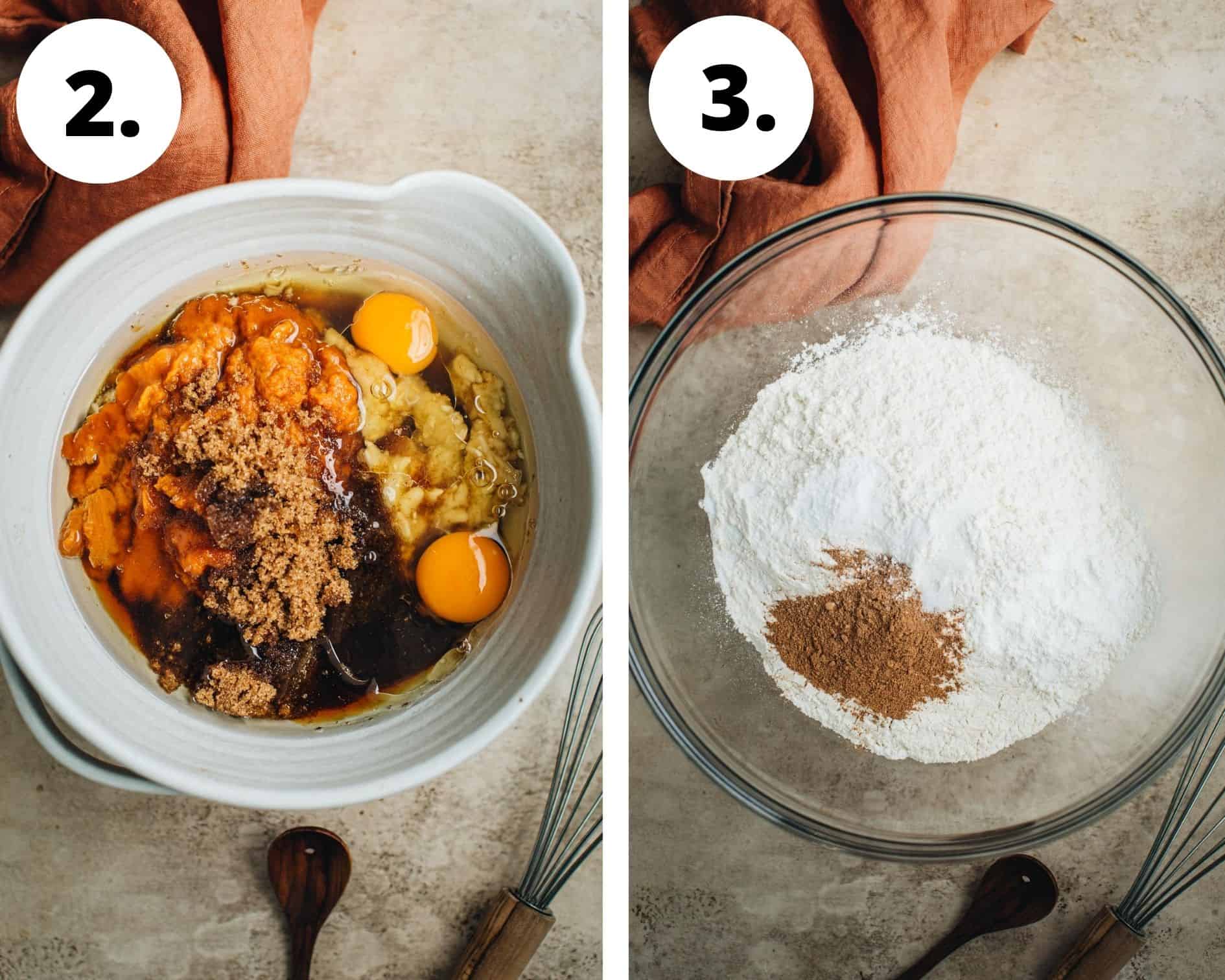 Pumpkin banana bread process steps 2 and 3.