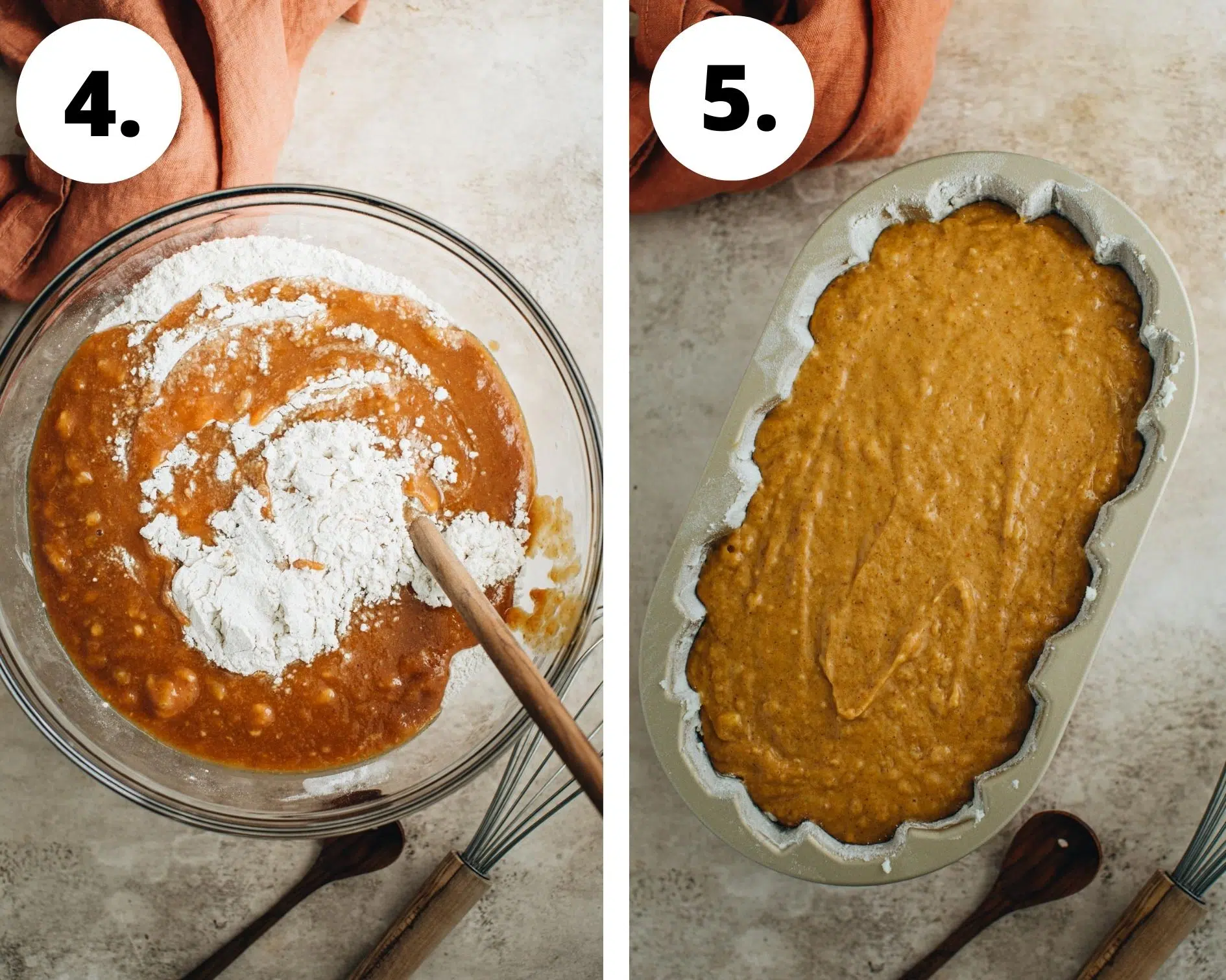 Pumpkin banana bread process steps 4 and 5.