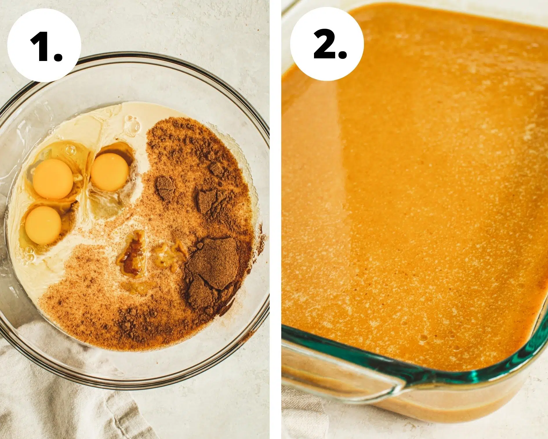 Pumpkin dump cake process steps 1 and 2.