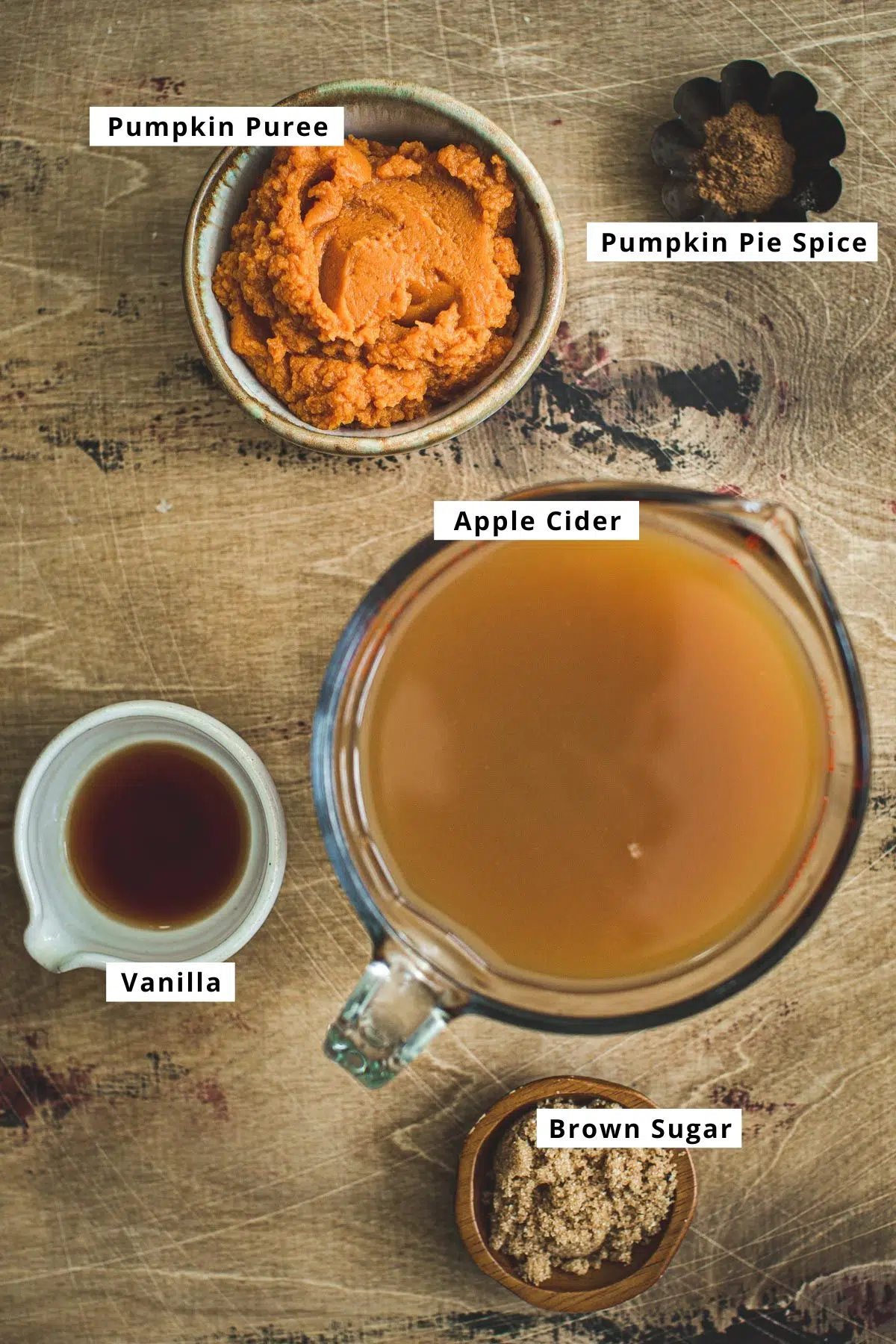Pumpkin juice ingredients in various bowls.