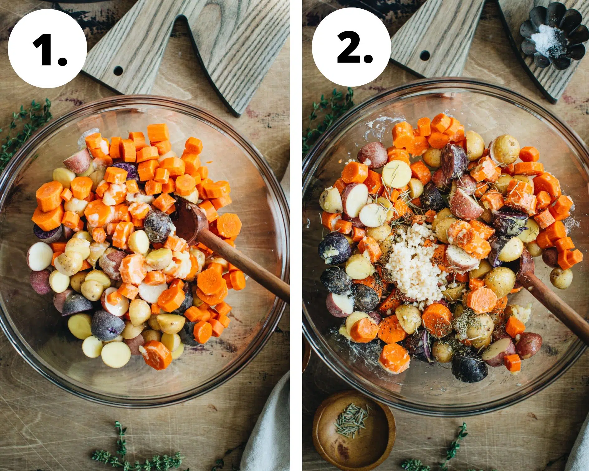 Roasted carrots and potatoes process steps 1 and 2.