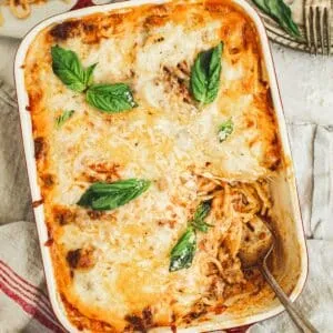 Spaghetti casserole in a casserole dish.