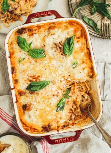 Spaghetti casserole in a casserole dish.