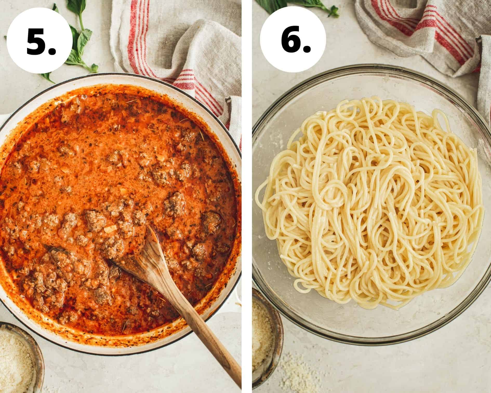 Spaghetti casserole process steps 5 and 6.