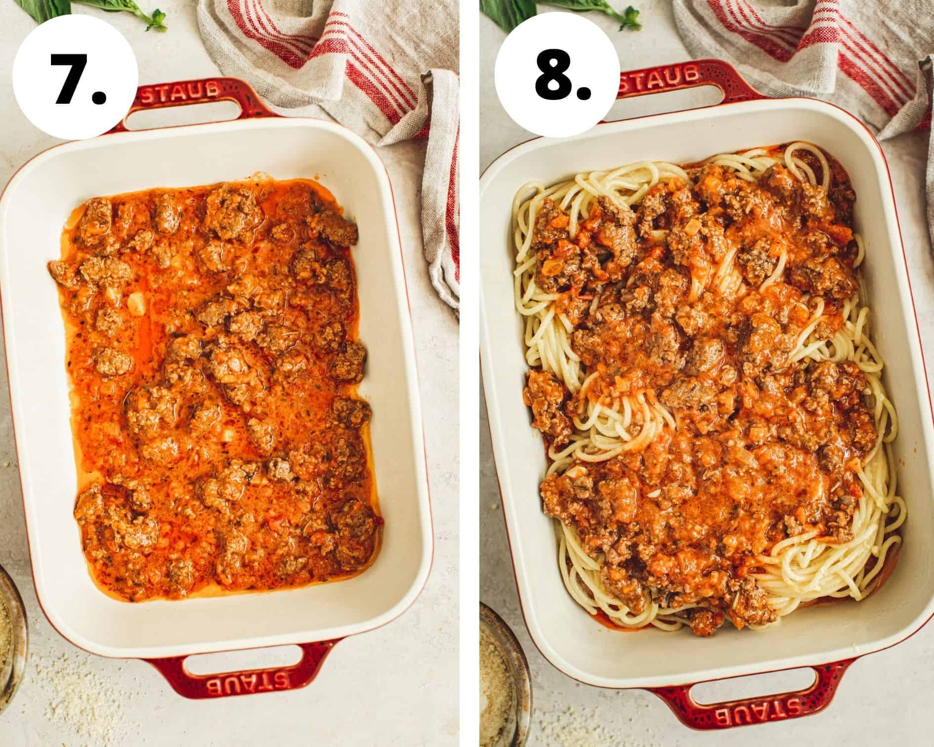 Process steps 7 and 8 for making spaghetti casserole.