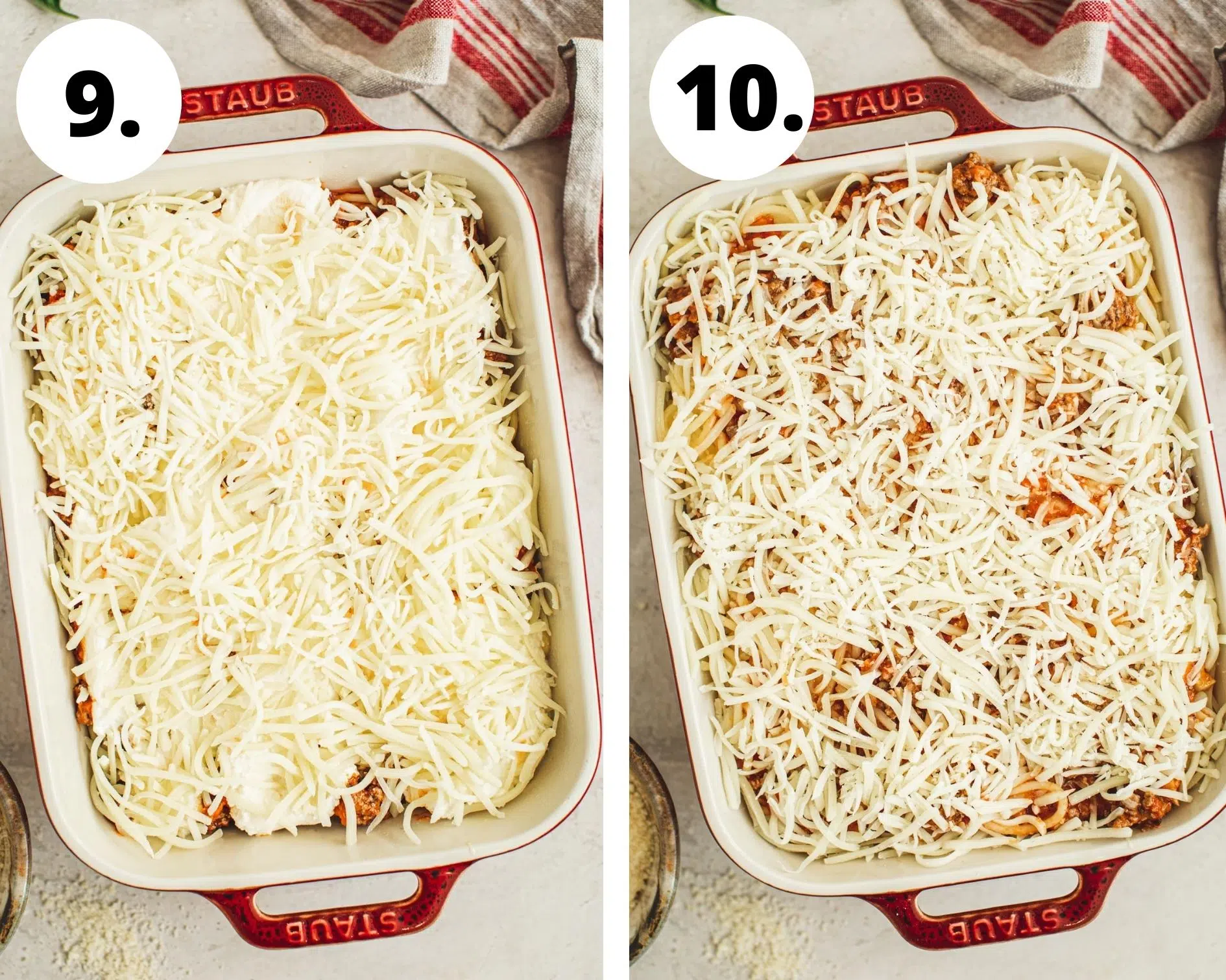 Process steps 9 and 10 for making baked spaghetti casserole.