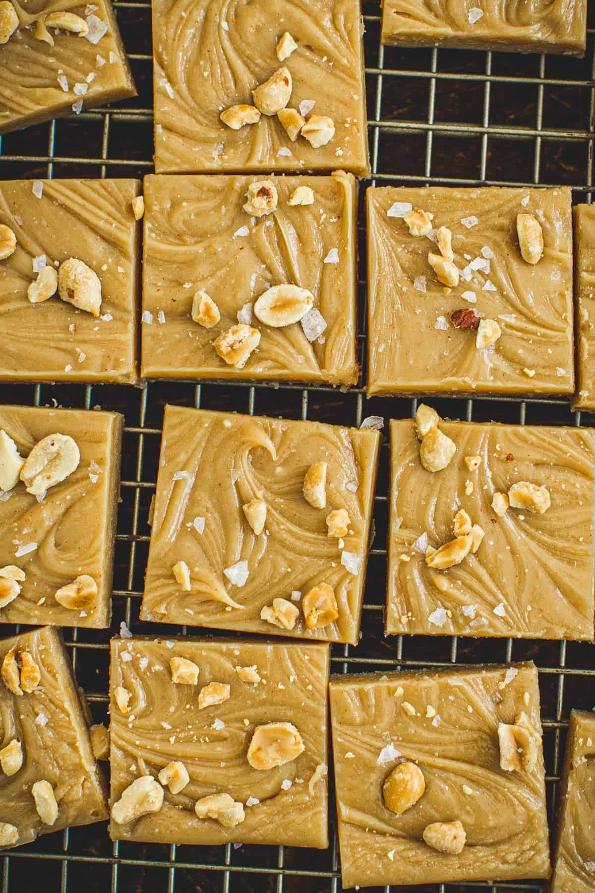 Squares of homemade peanut butter fudge topped with sea salt and chopped peanuts.