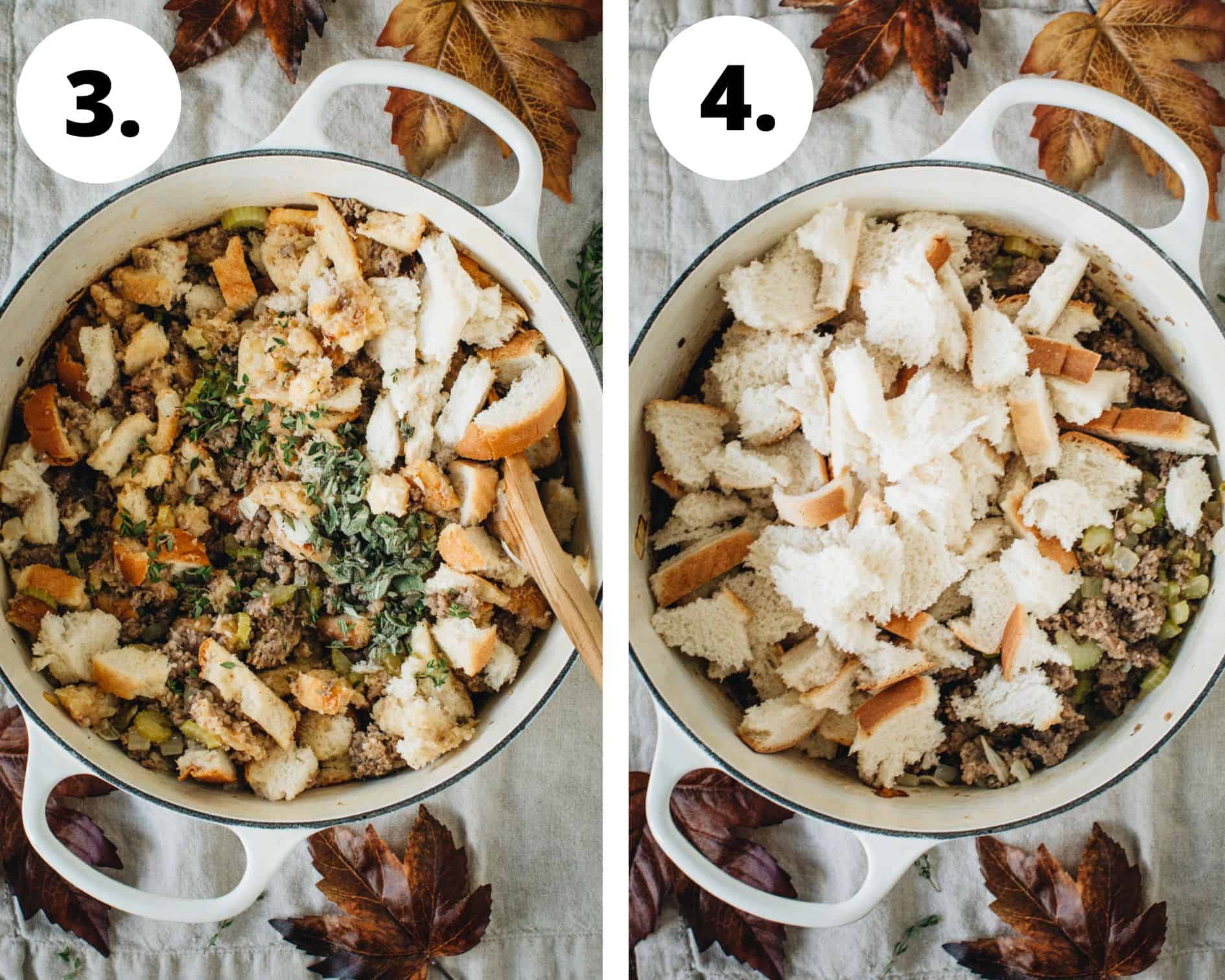 Stovetop stuffing with sausage process steps 3 and 4.