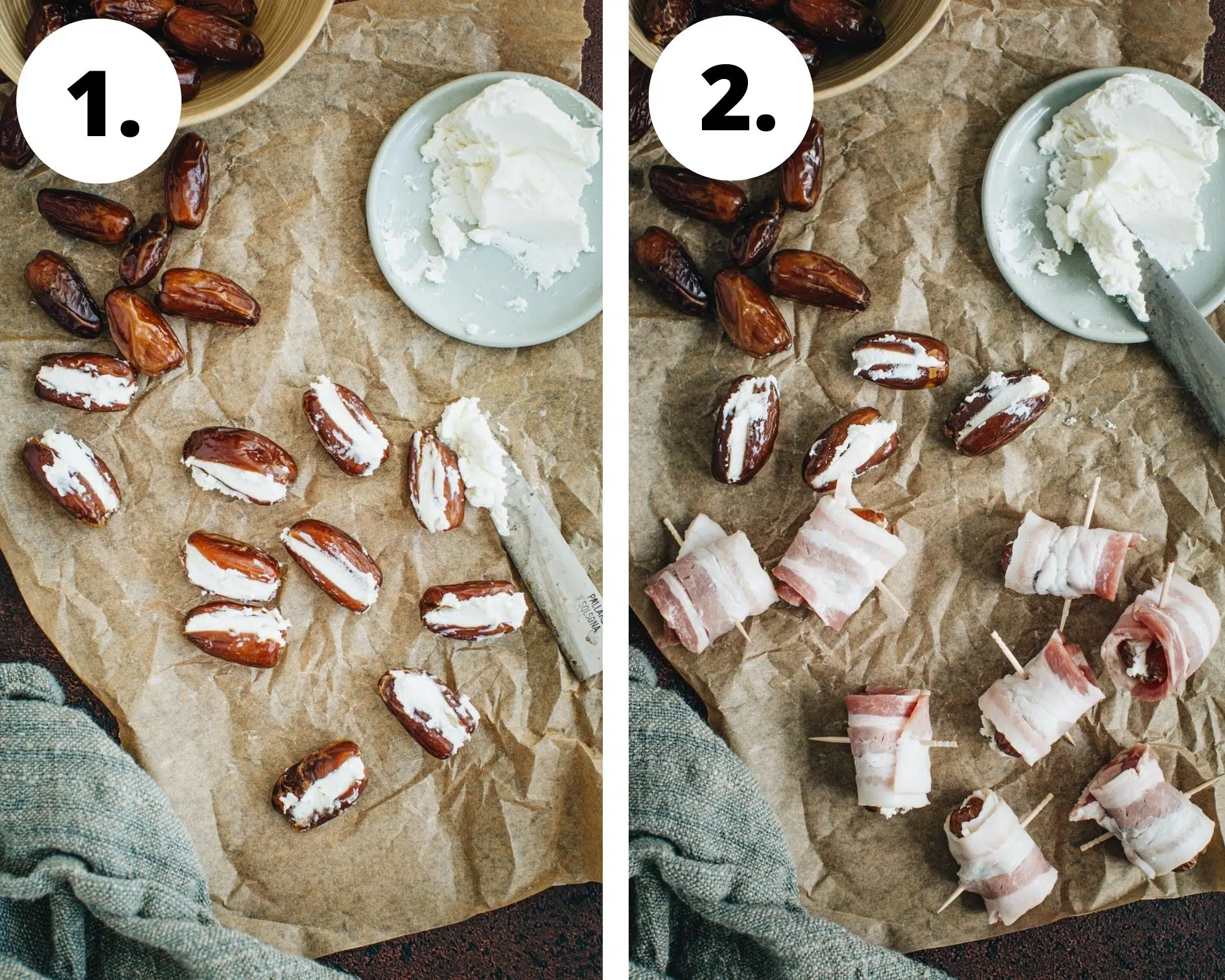 Stuffed dates with bacon process steps 1 and 2.