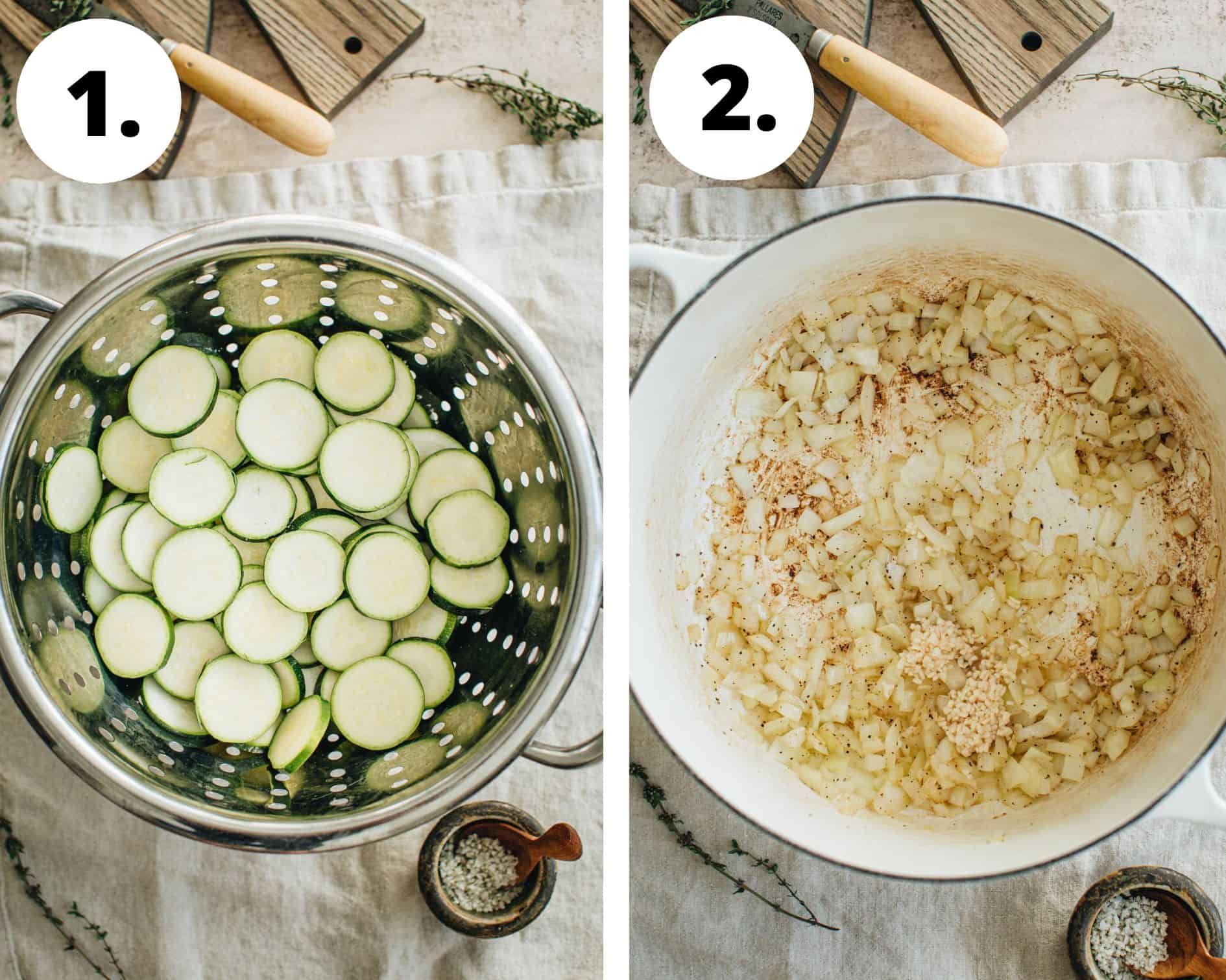 Cheesy zucchini casserole process steps 1 and 2.