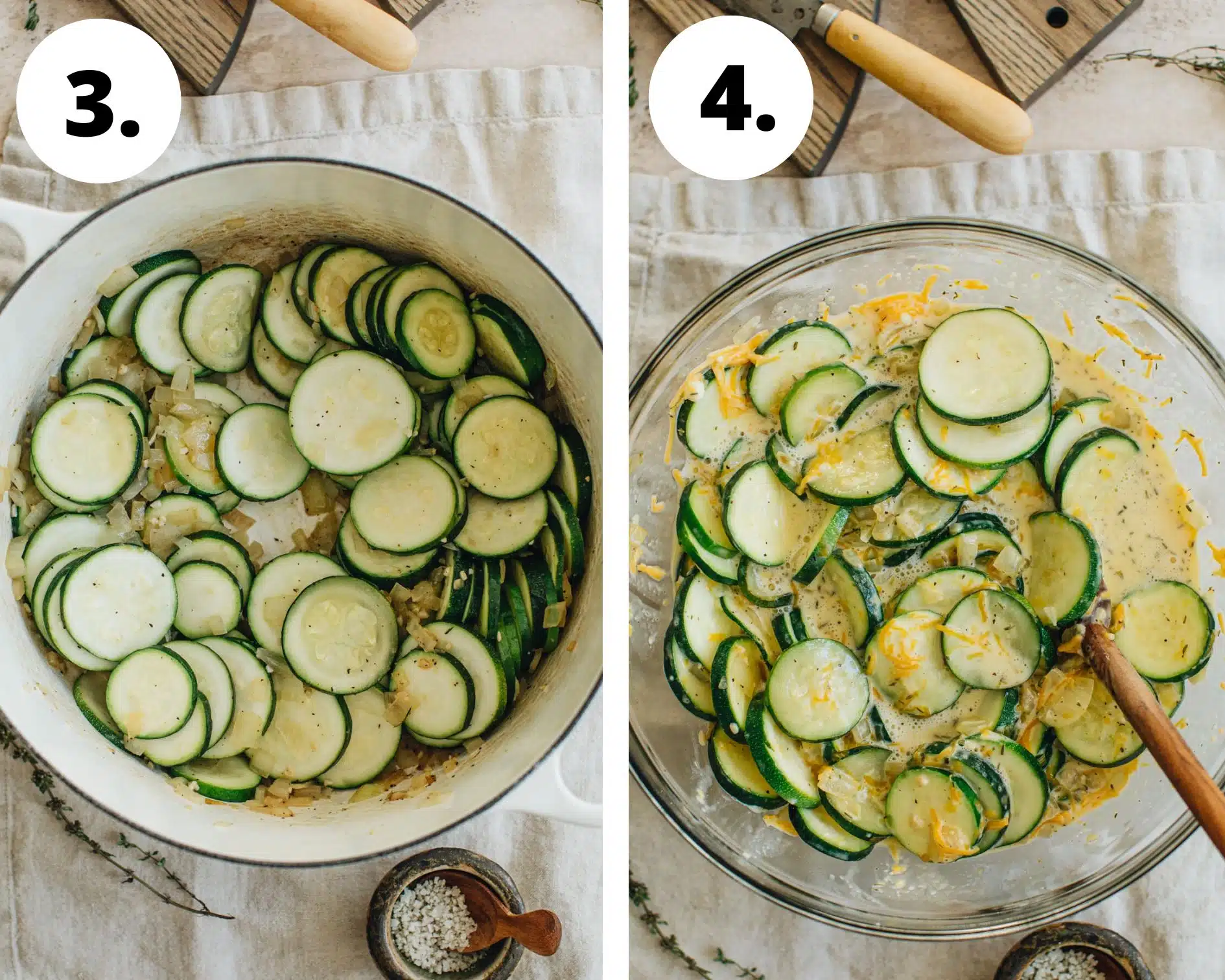 Cheesy zucchini casserole process steps 3 and 4.