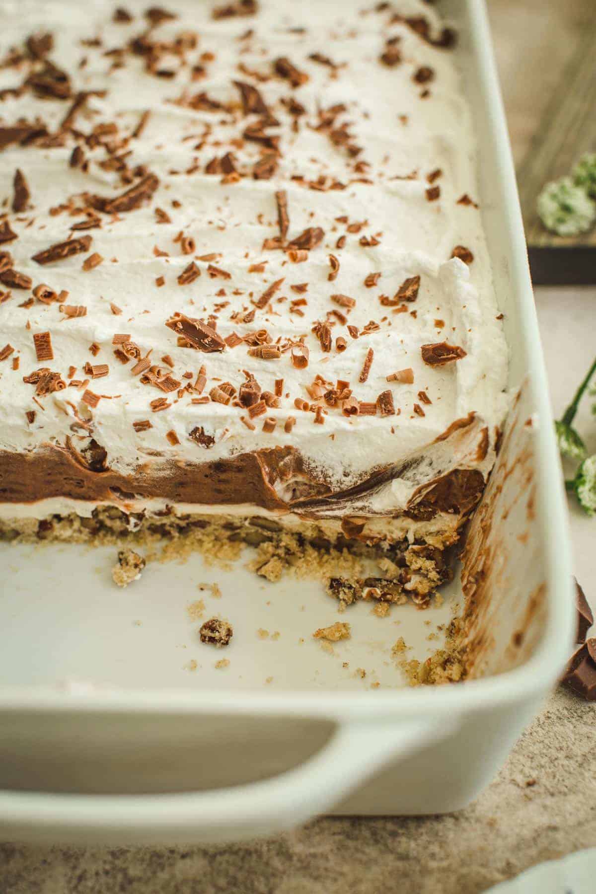 Chocolate delight in a casserole dish.