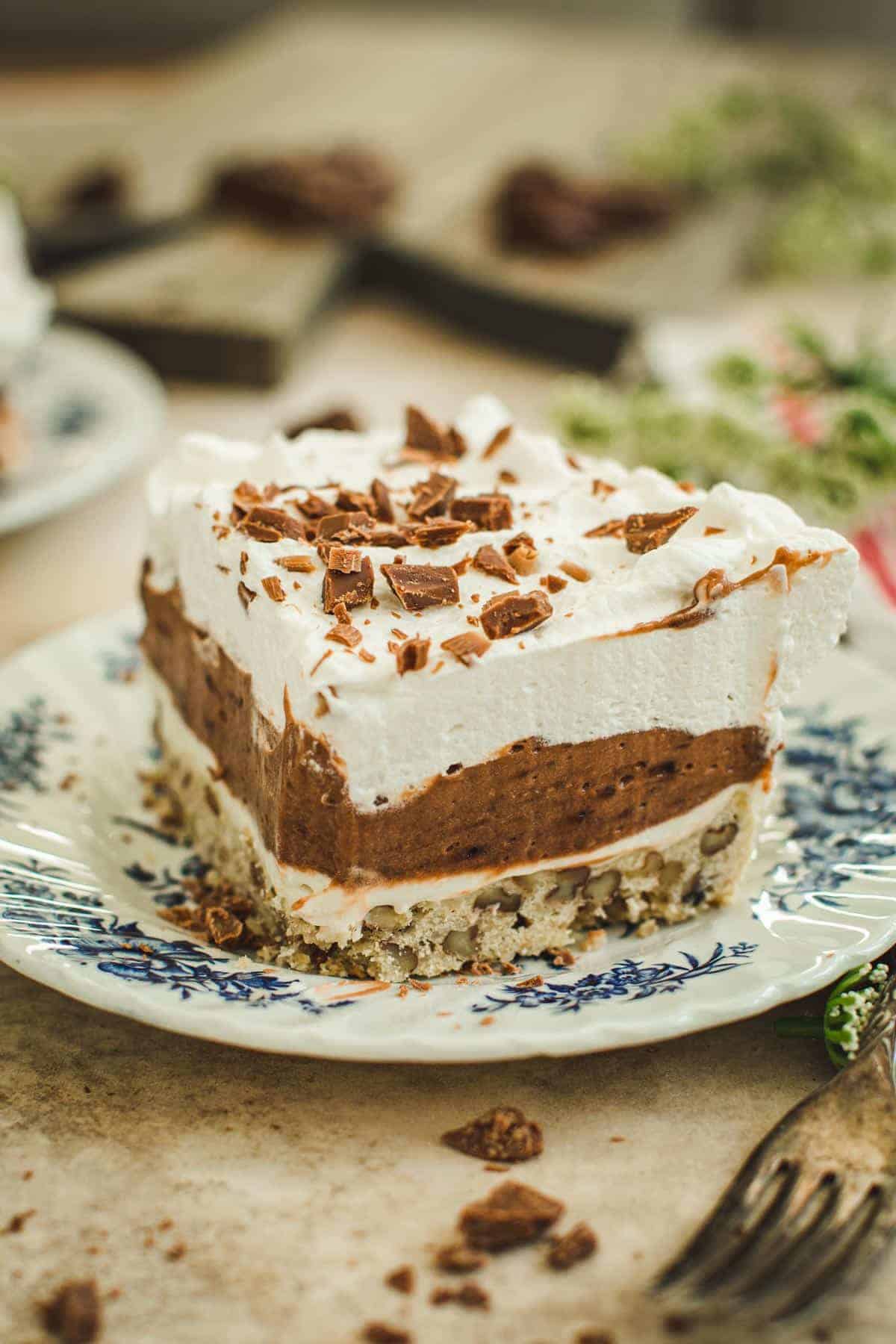 Chocolate delight on a blue and white plate.