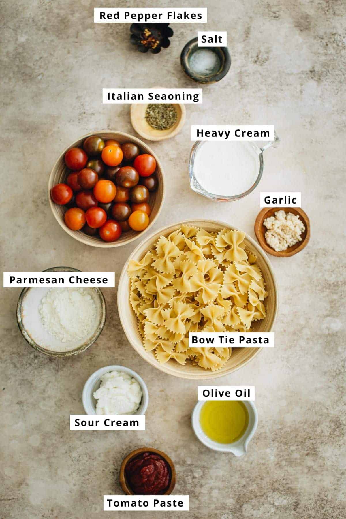 Creamy bow tie pasta ingredients.