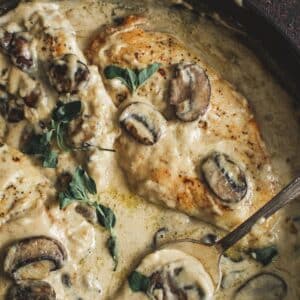 Creamy mushroom chicken with fresh oregano on top in a skillet.