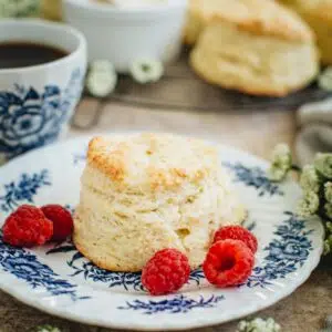 English scones on a blue and white plate with fresh raspberries around it.