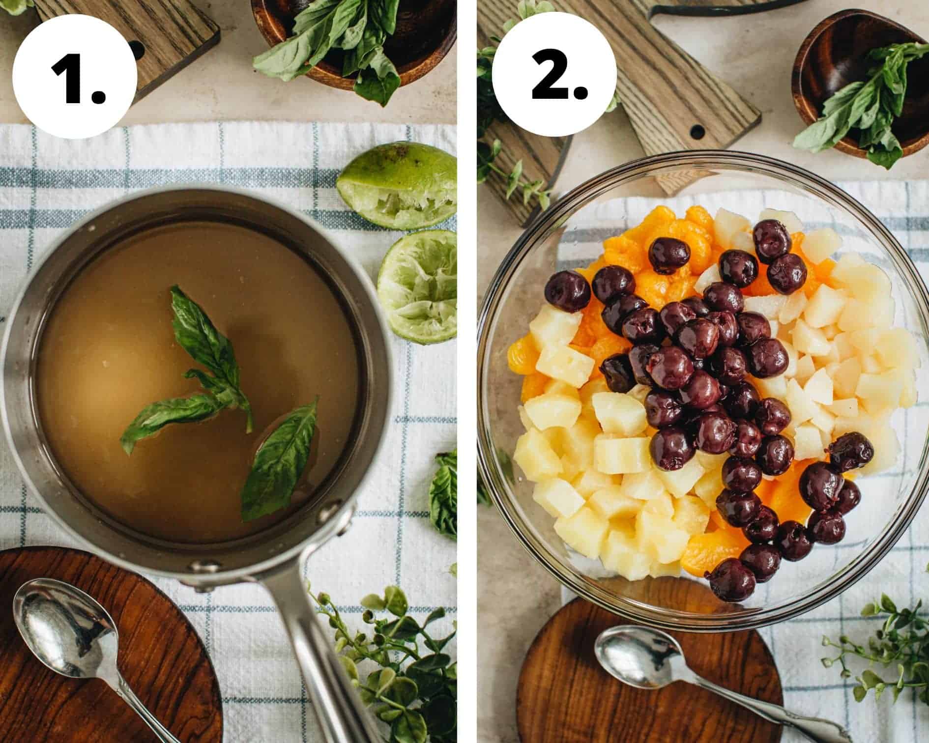 Fruit cocktail recipe process steps 1 and 2.