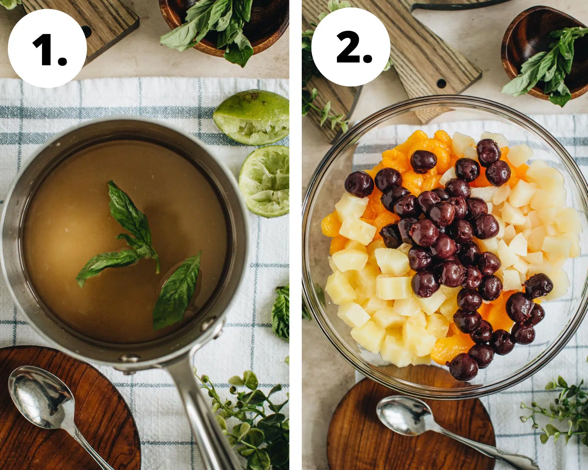 Fruit cocktail recipe process steps 1 and 2.